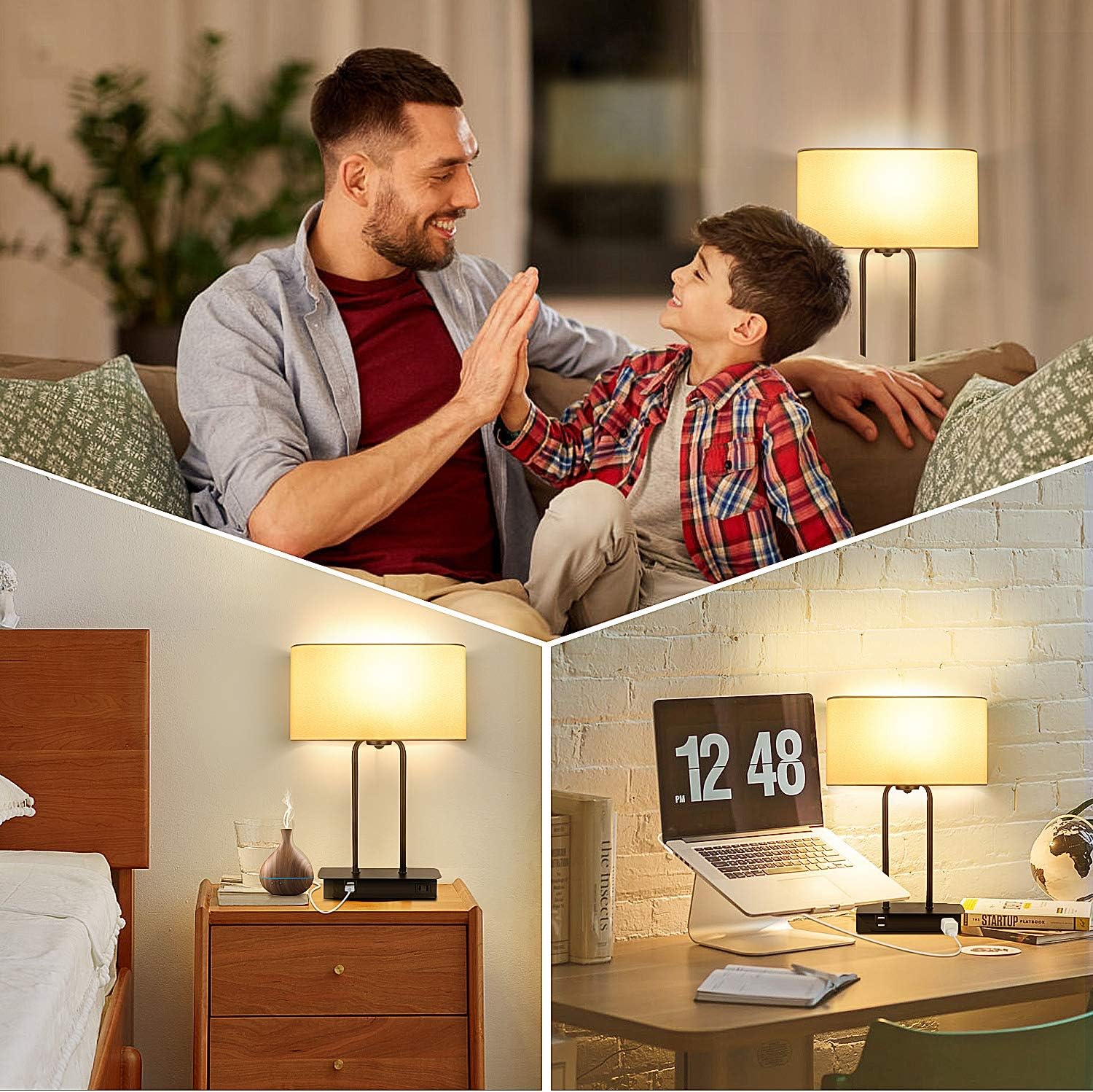 3-Way Dimmable Touch Control Table Lamp with 2 USB Ports and AC Power Outlet Modern Bedside Nightstand Lamp Fabric Shade and Metal Base…