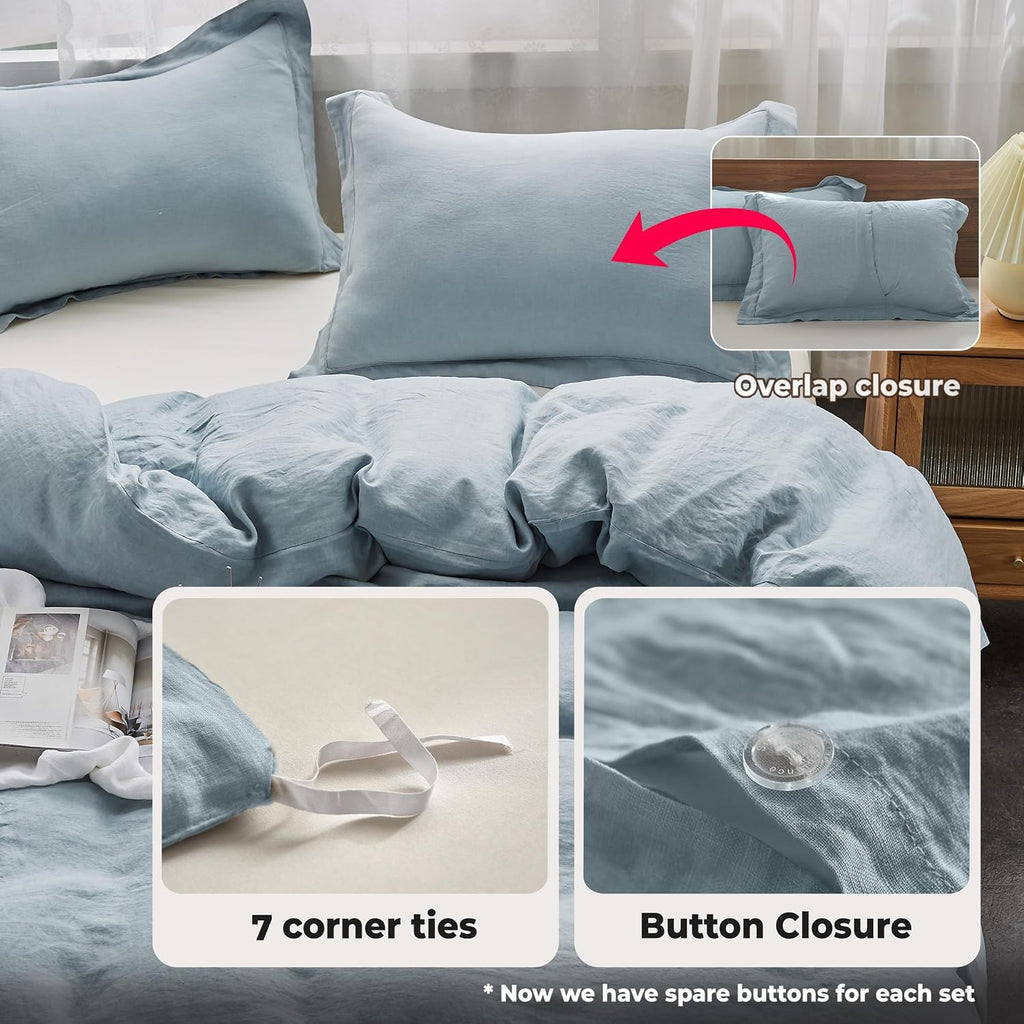 Simple&Opulence 100% Washed Linen Duvet Cover with Embroidered,3 Pieces Soft Farmhouse Comforter Set with Button Closure,1 D…
