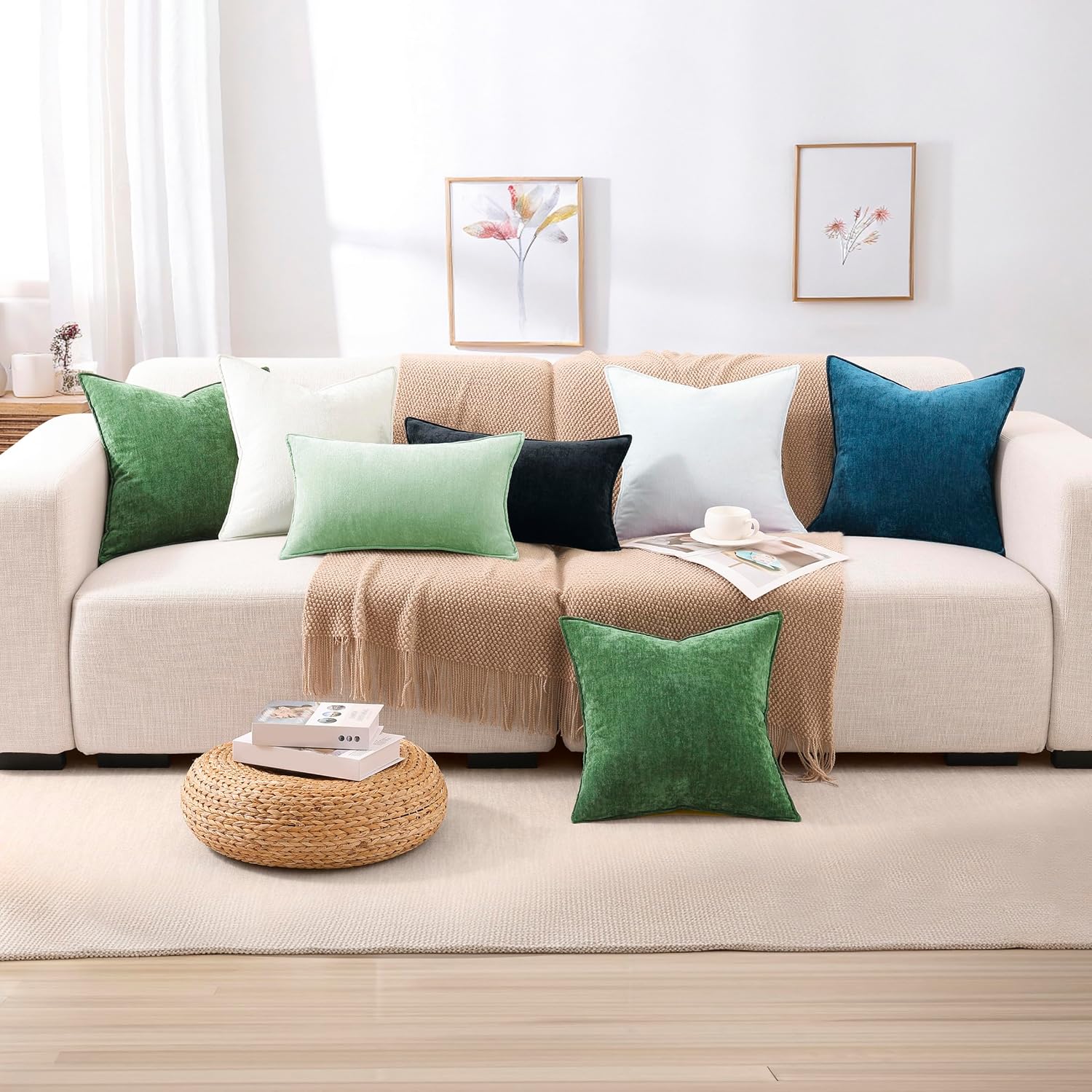 decorUhome Summer Couch Euro Sham Throw Pillow Covers 24x24 Set of 2, Decorative Soft Velvet Modern Cozy Chenille Pillow Cases with Elegant…