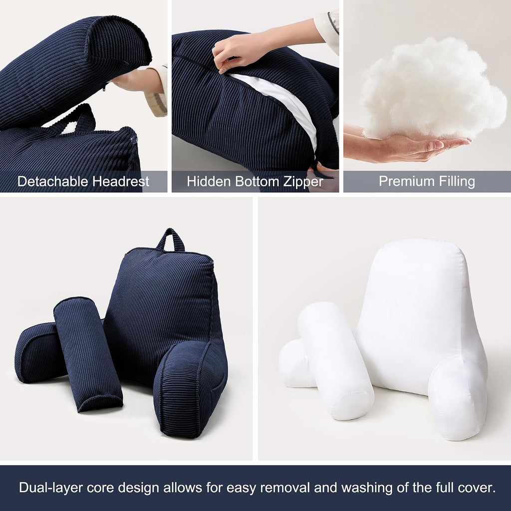 Ailuteie Bed Rest Reading Pillow with Arms & Detachable Headrest, Corduroy Backrest Cushion with Side Pockets & Washable Cover, Support Pil…