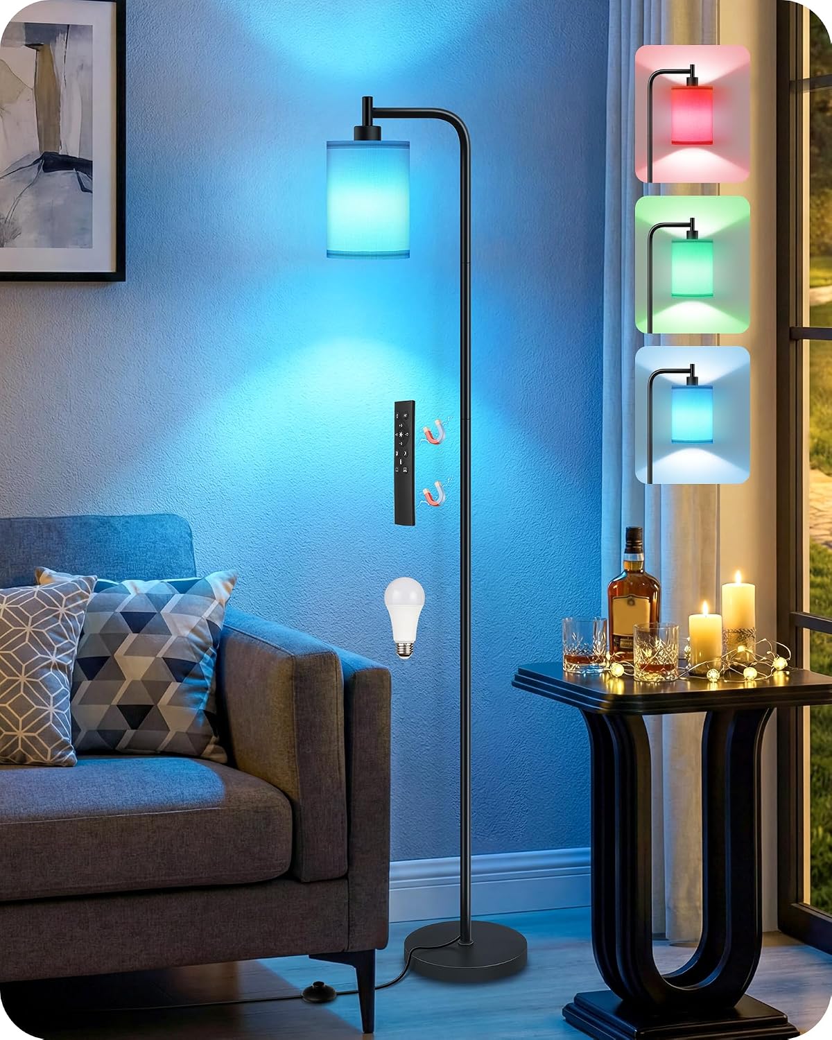 RGB Floor Lamp for Living Room with Remote and Foot Switch, Modern Standing, Dimmable Corner Lamp,10W Bulb 3 Color Temperatures, for…