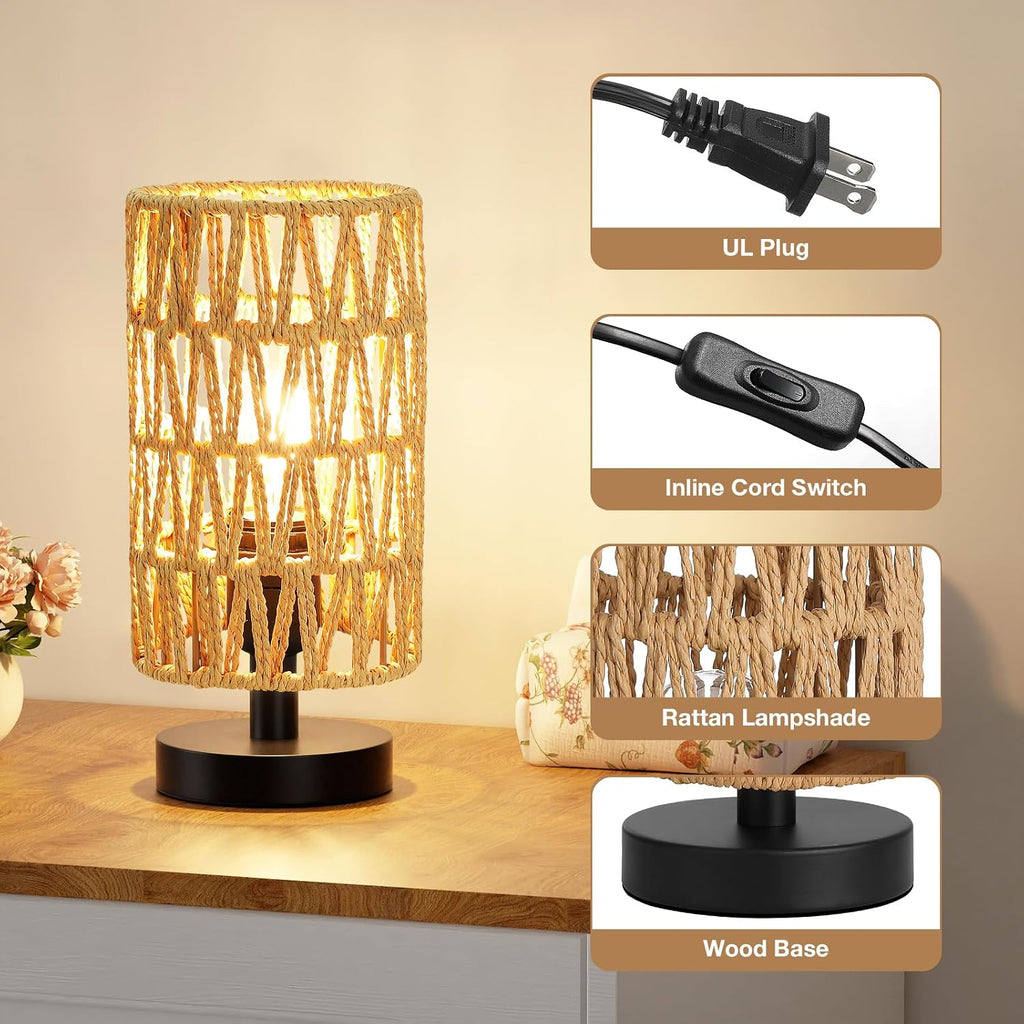 Fenmzee Small Table Lamp for Bedroom - Inline Control, Bedside Lamp with 3000K A15 LED Blub, Easy Assembly(Rattan Rope Shade-Black…