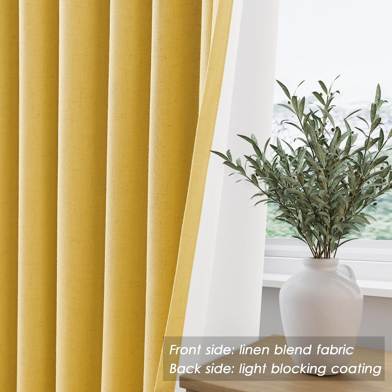 Nanspring Gold Yellow 100% Blackout Linen Curtains 96 Inches Long for Bedroom Back Tab Thermal Insulated Modern Farmhouse Decor Black Out C…