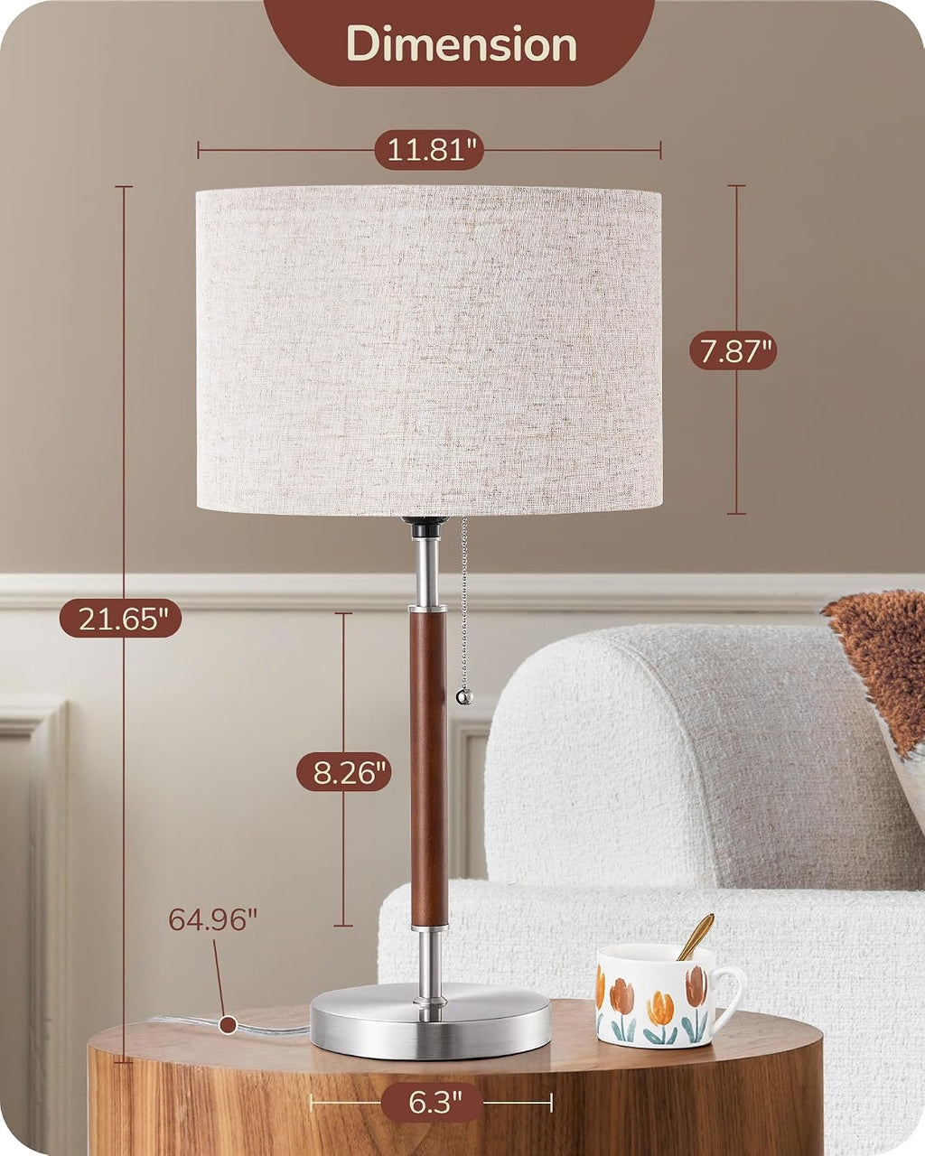 EDISHINE Mid Century Table Lamp, Solid Wood and Metal Bedside Lamp with Pull Chain Switch & Beige Linen Shade, Retro Nightstand Lamp for…