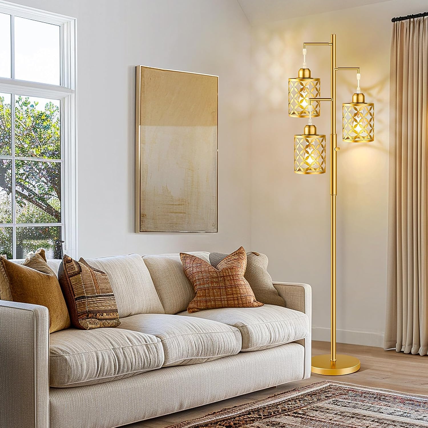 Dimmable Floor Lamp, Farmhouse Standing Lamp with Elegant Metal Cage, Industrial Tall Tree Floor Lamps for Living Room, Bedroom, Study…