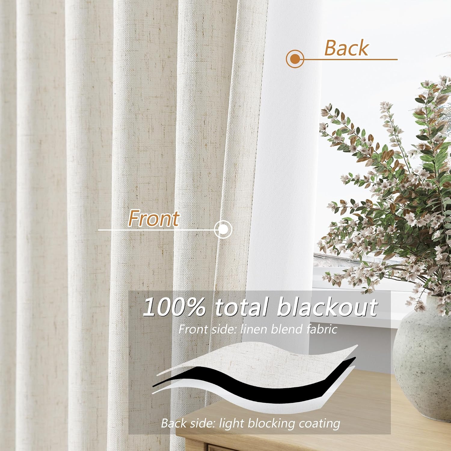 Guken Beige White 100% Blackout Linen Curtains 106 Inch Length 2 Panels Set for Living Room Bedroom Back Tab Thermal Insulated Black Out Dr…