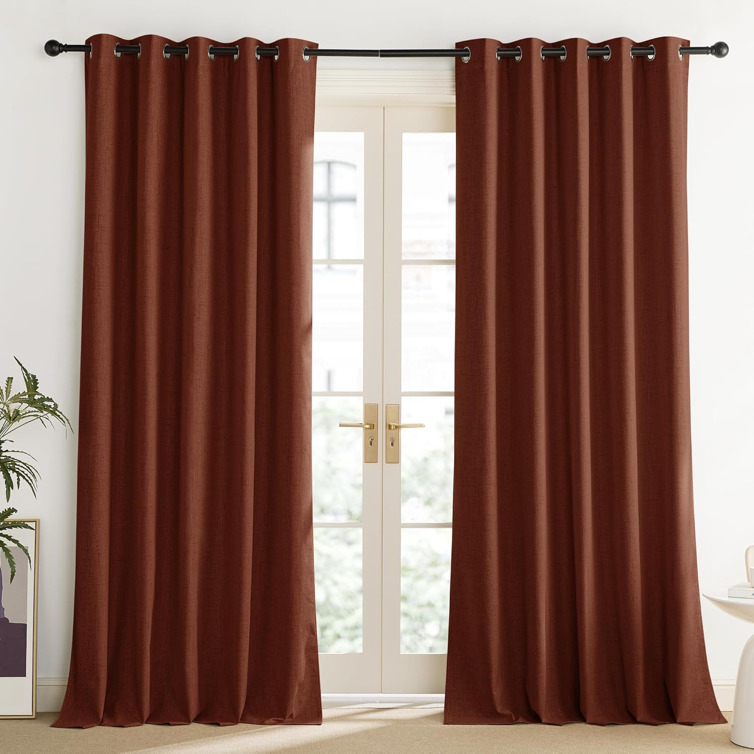 NICETOWN 100% Absolutely Blackout Linen Curtains with Thermal Insulated Liner, 62" Wide, 2 Panels, 108" Long Drapes, Grommet Retro Burnt…