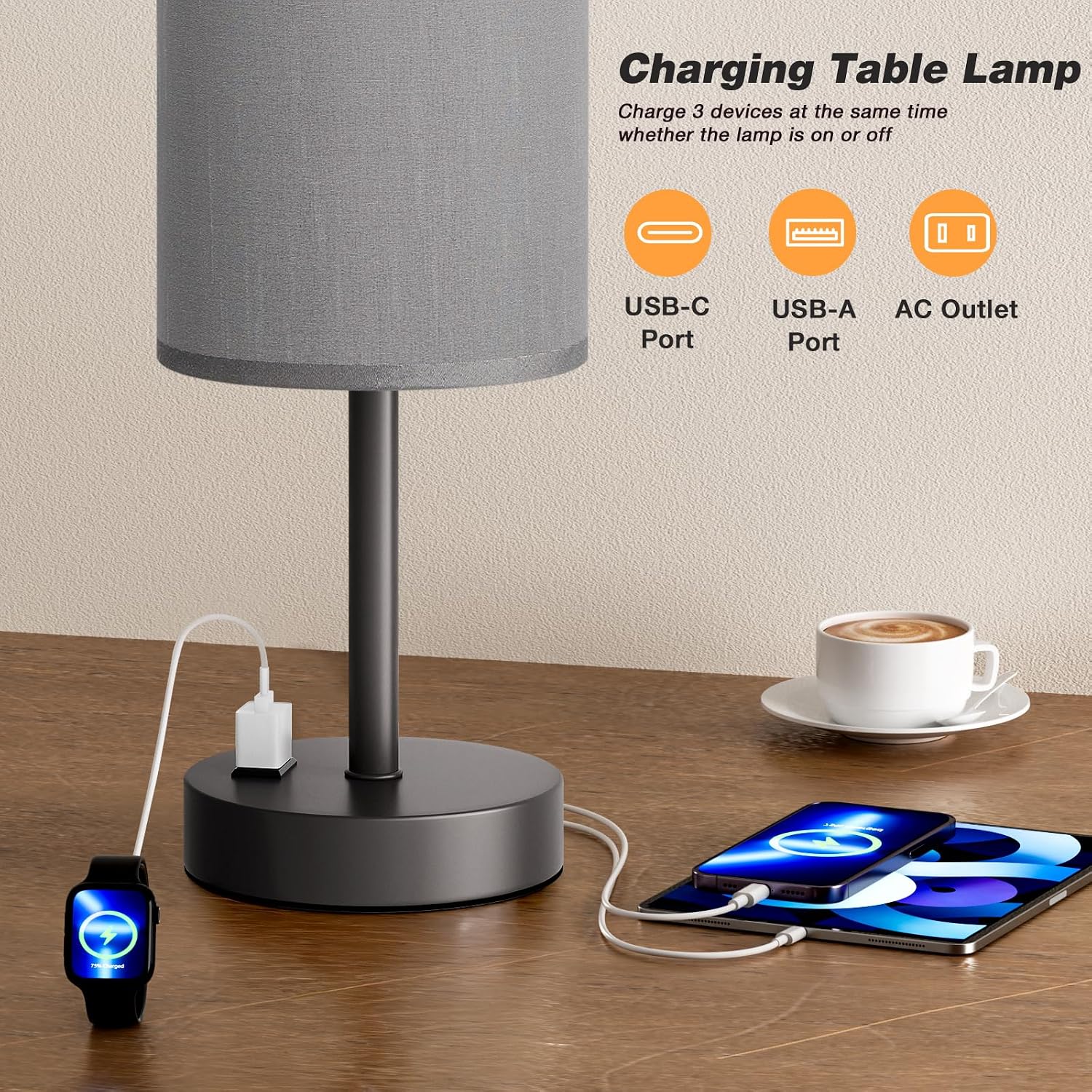 Fenmzee Grey Nightstand Bedroom Lamp - 3 Way Dimmable Bedside Lamp USB C A Charging Ports and AC Outlet, Small Table Lamp Linen Lampshade…
