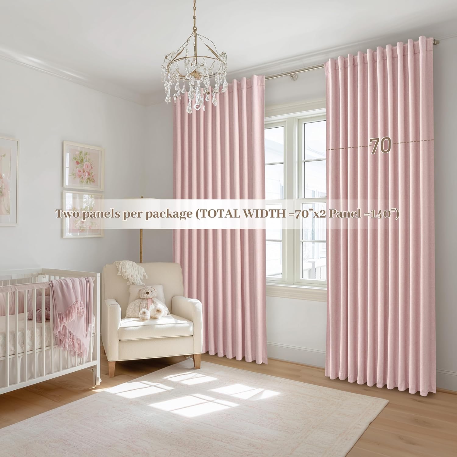 Qjmydeco Cute Baby Pink Blackout Curtains 70 Inches Extra Wide Pleated for Grils Bedroom 2 Panels Set, 96 Inch Long Curtain for Sliding Gla…