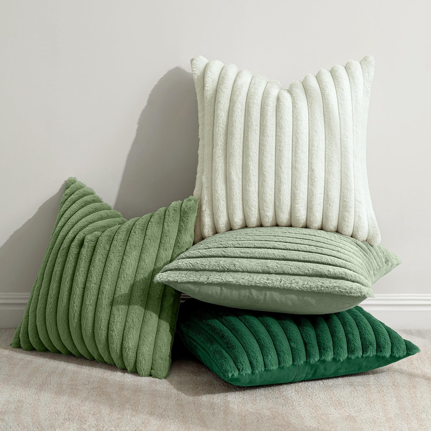 Miulee Faux Fur Plush Decorative Throw Pillow Covers 18x18 Set of 4, Spring Modern Soft Fuzzy Striped Cushion Covers for Sofa Couch Bed Liv…