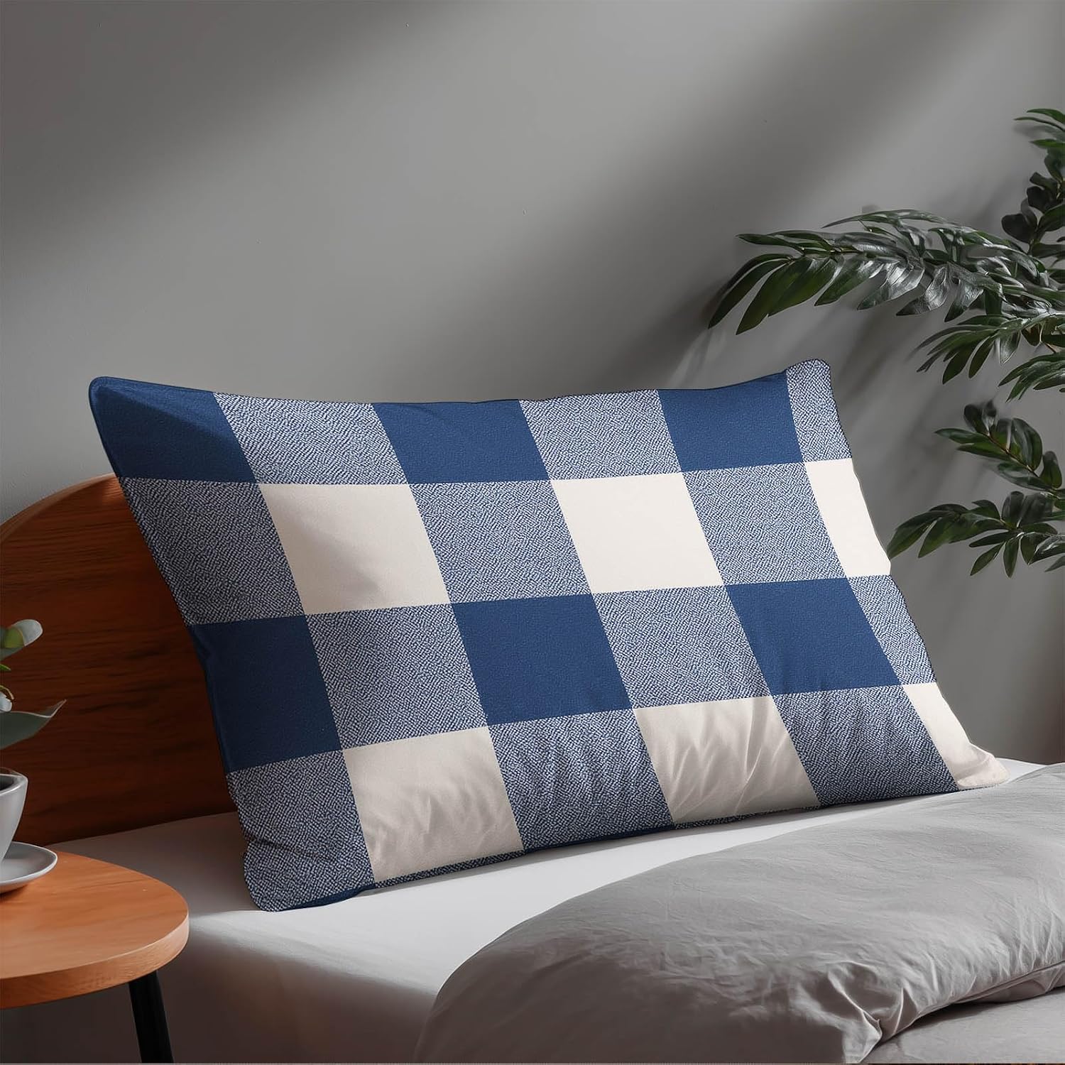 HOMETITUTE Blue Plaid Pillow Covers Decorative Pack of 2 Satin 12x20 Inch Lumbar Throw Pillow Cases for Sofa Couch Living Room Farmhouse…