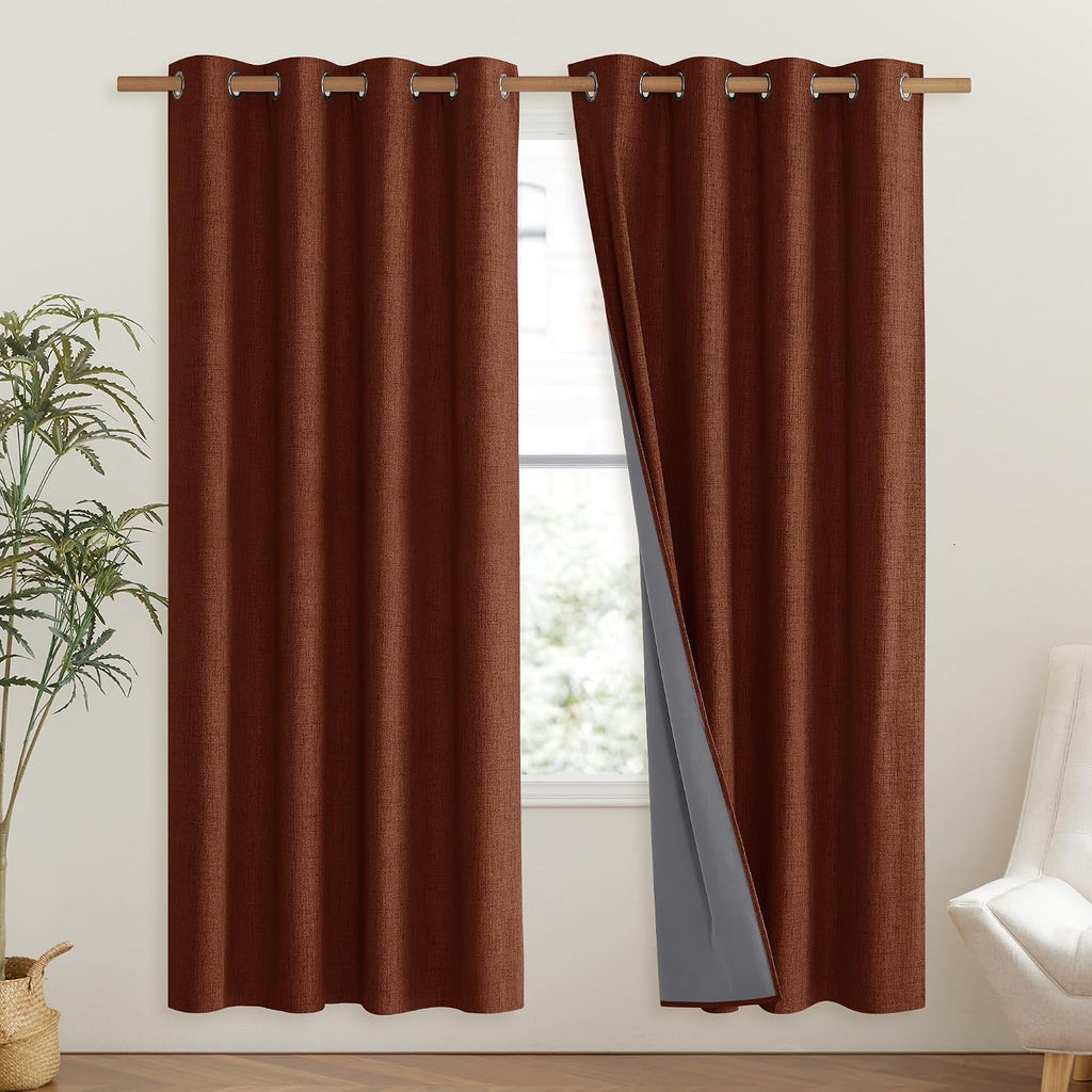 NICETOWN 100% Absolutely Blackout Linen Curtains with Thermal Insulated Liner, 52" Wide, 2 Panels, 72" Long Drapes, Grommet Retro Burnt…