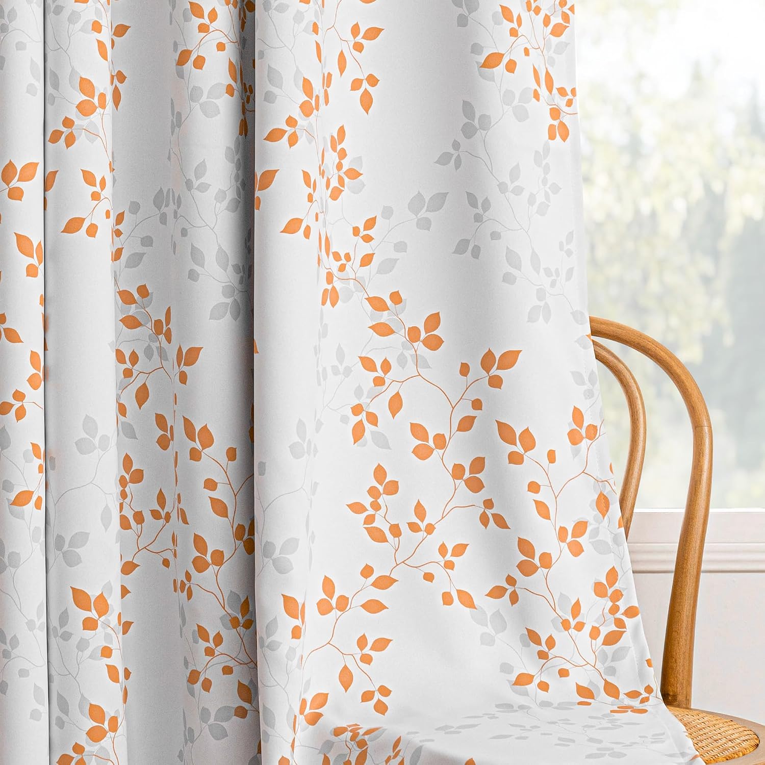 Meetsky 95% Blackout Curtains for Bedroom - Orange Curtains 63 inch Length Leaf Patterned for Living Room, Thermal Insulated Nursery Drapes…