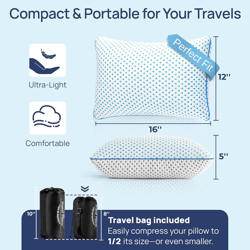 Fulocean Small Cooling Memory Foam Travel Pillows for Airplanes Sleeping, Compressible Camping Pillow, Mini Adjustable Shredded Foam Bed Pi…