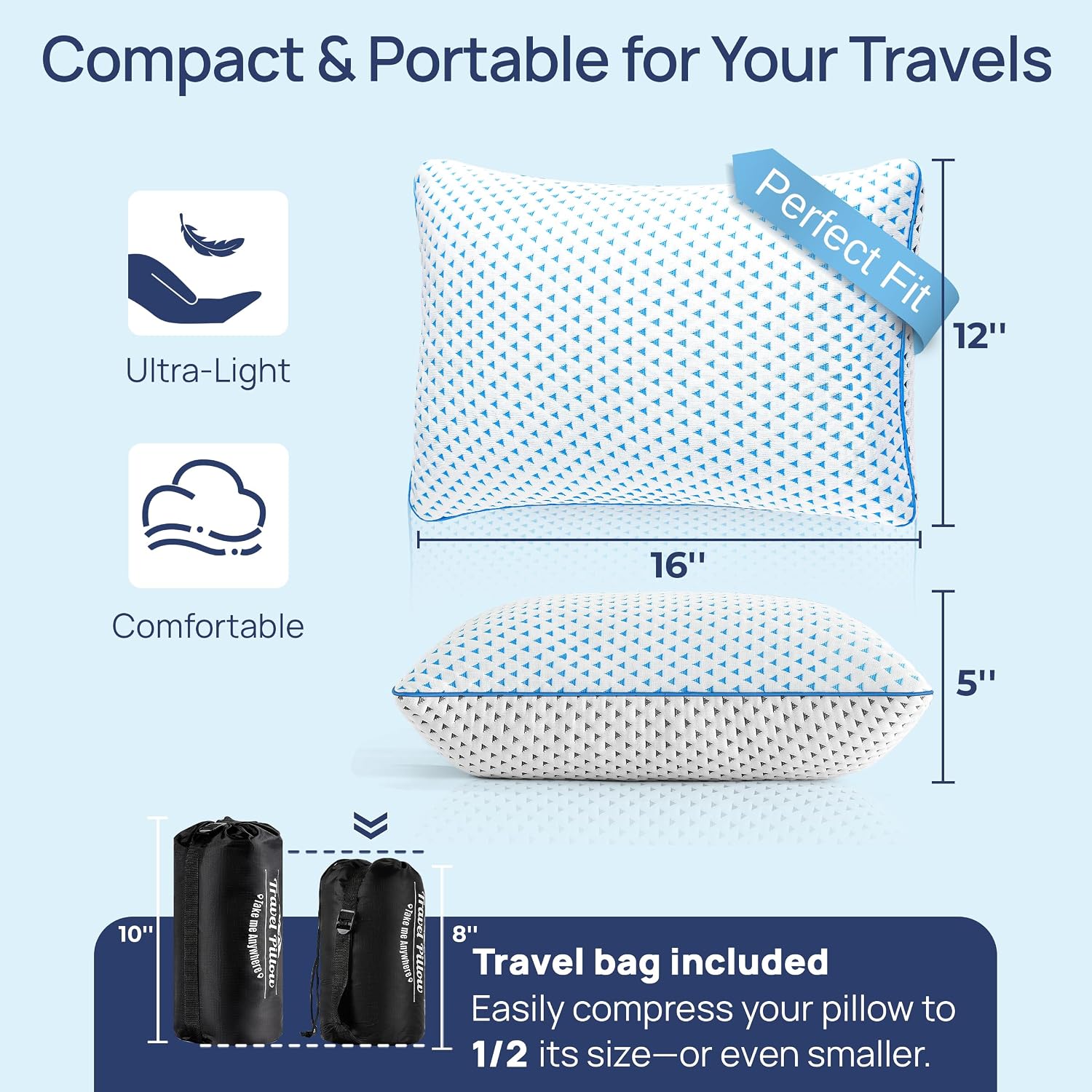 Fulocean Small Cooling Memory Foam Travel Pillows for Airplanes Sleeping, Compressible Camping Pillow, Mini Adjustable Shredded Foam Bed Pi…