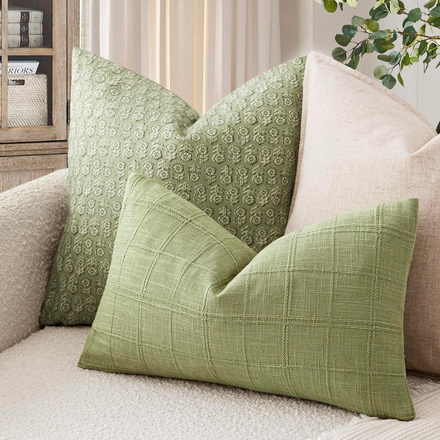 Foindtower Set of 1 Decorative Linen Check Throw Pillow Cover Neutral Farmhouse Lumbar Cushion Cover Modern Boho Accent Home Decor for…