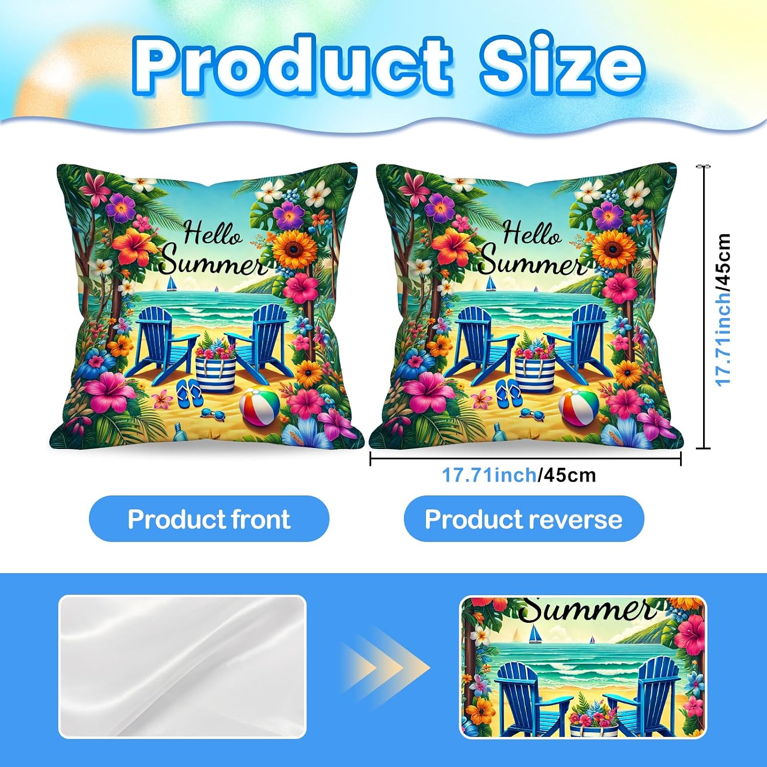 BlissYard Hello Summer Beach Throw Pillow Covers 18x18 Coastal Decorative Pillow Covers Tropical Floral Summer Cushion Covers Seaside…