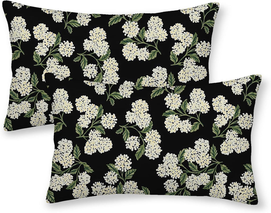 Black Spring Pillow Covers 12x20 Inch 2 Pcs Green Hydrangea Flower Decor Throw Pillows Vintage Floral Seasonal Summer Outdoor Decoration…