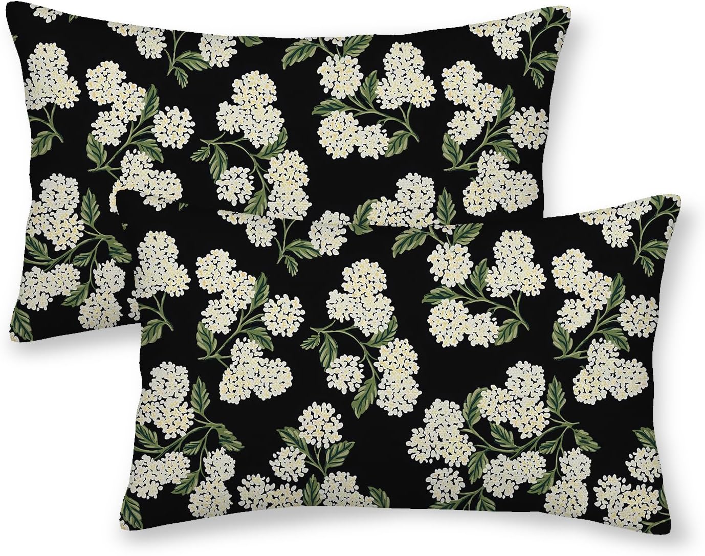 Black Spring Pillow Covers 12x20 Inch 2 Pcs Green Hydrangea Flower Decor Throw Pillows Vintage Floral Seasonal Summer Outdoor Decoration…
