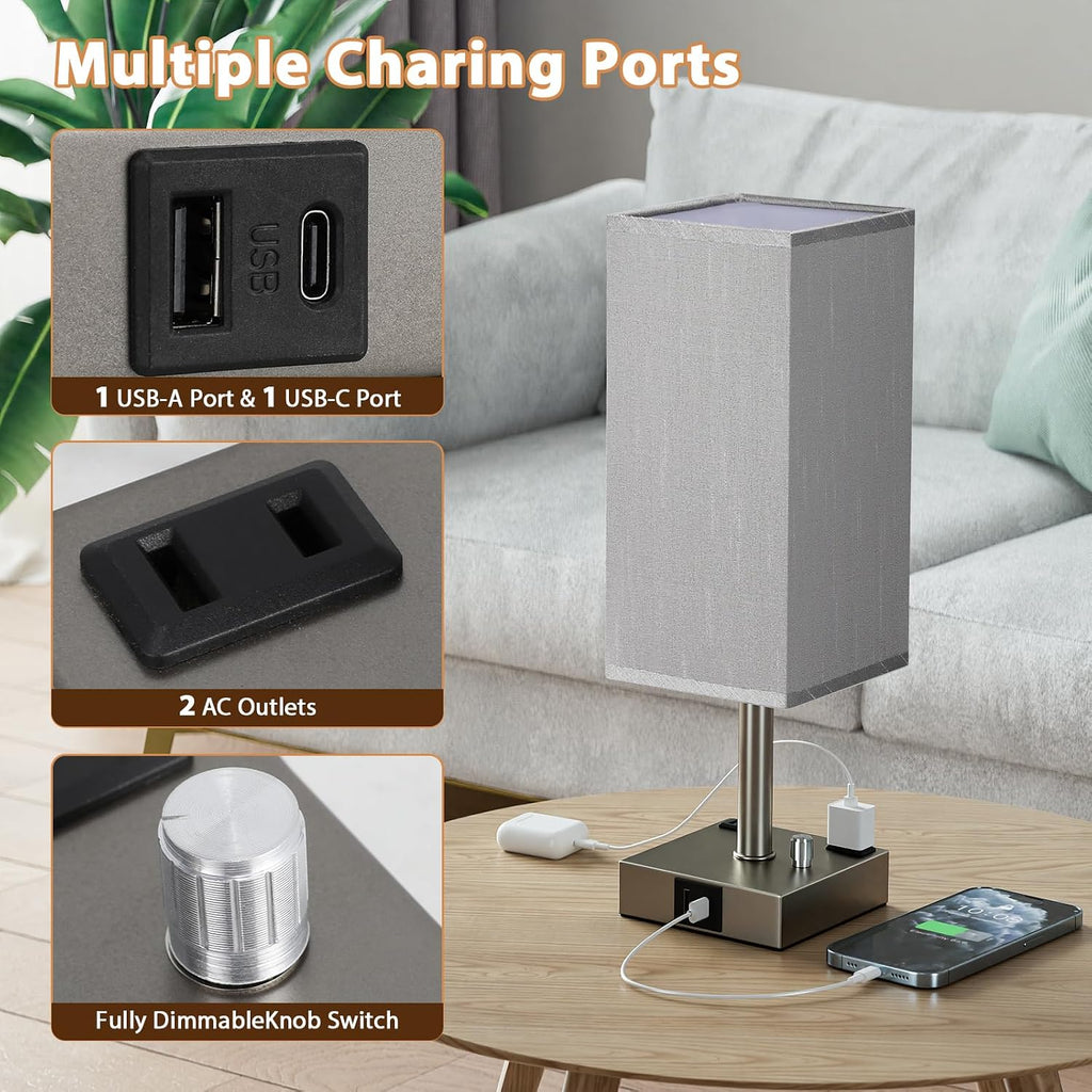 aooshine Grey Fully Dimmable Nightstand Lamps Set of 2 - Table Bedside Lamp with USB C+A Charging Ports & 2 AC Outlets, Square Lamp Sets…