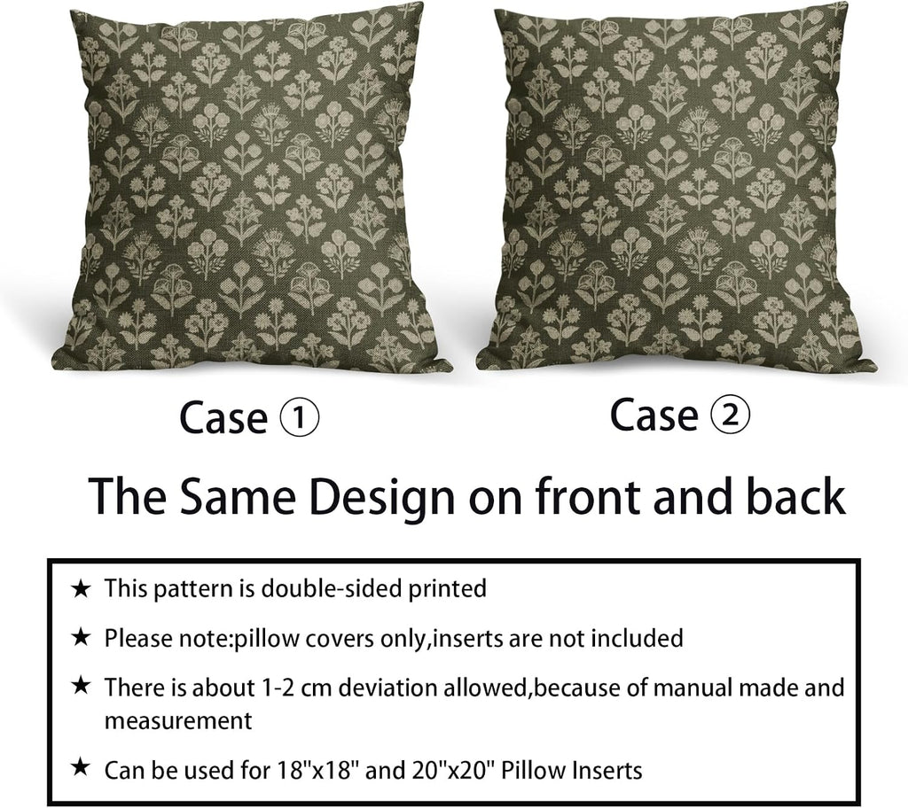 Olive Green Floral Block Print Pillow Covers 20x20 Inch Set of 2, Vintage Flower Pattern Decorative Throw Pillowcases Outdoor Farmhouse…