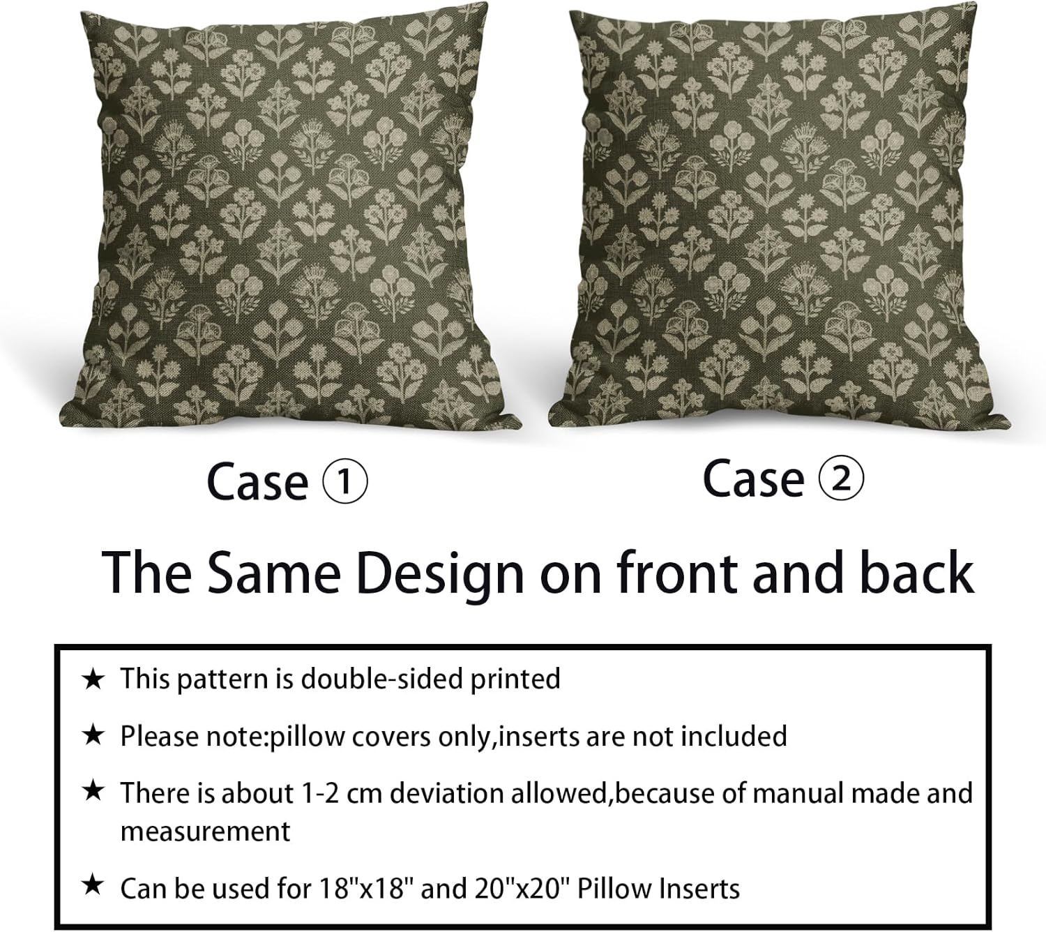 Olive Green Pillow Covers 24x24 Inch Set of 2, Vintage Flower Block Print Pattern Decorative Throw Pillowcases Outdoor Farmhouse Cushion…