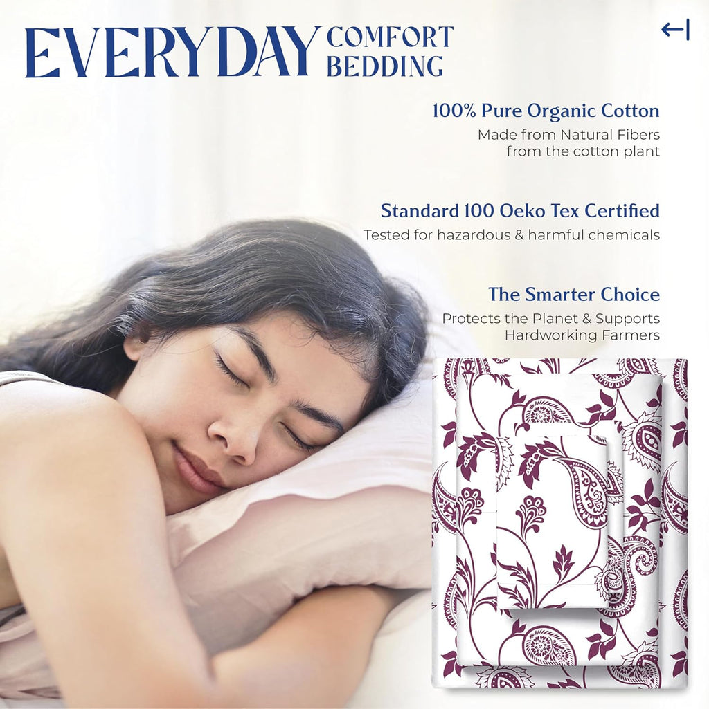 Mayfair Linen 100% Organic Cotton Printed Sheets Queen Size - Percale Weave Cotton Queen Size Sheet Set (4 PC, Paisley), Soft & Crisp…