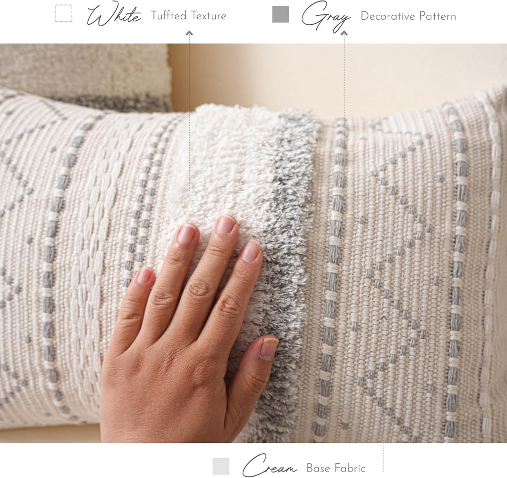 BlissBlush 12x20 Lumbar Pillow Cover, Cream Neutral Rectangular Decorative Cushion Cover with Gray Pattern, Boho Accent Pillowcase with…