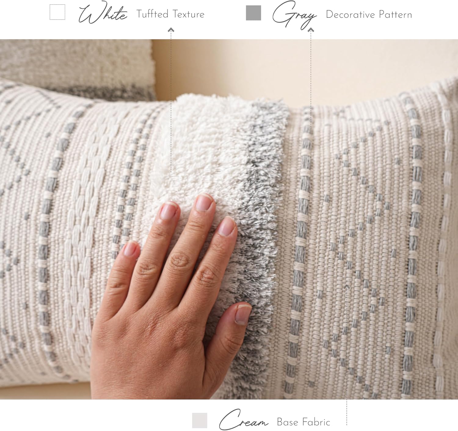 BlissBlush 12x20 Lumbar Pillow Cover, Cream Neutral Rectangular Decorative Cushion Cover with Gray Pattern, Boho Accent Pillowcase with…
