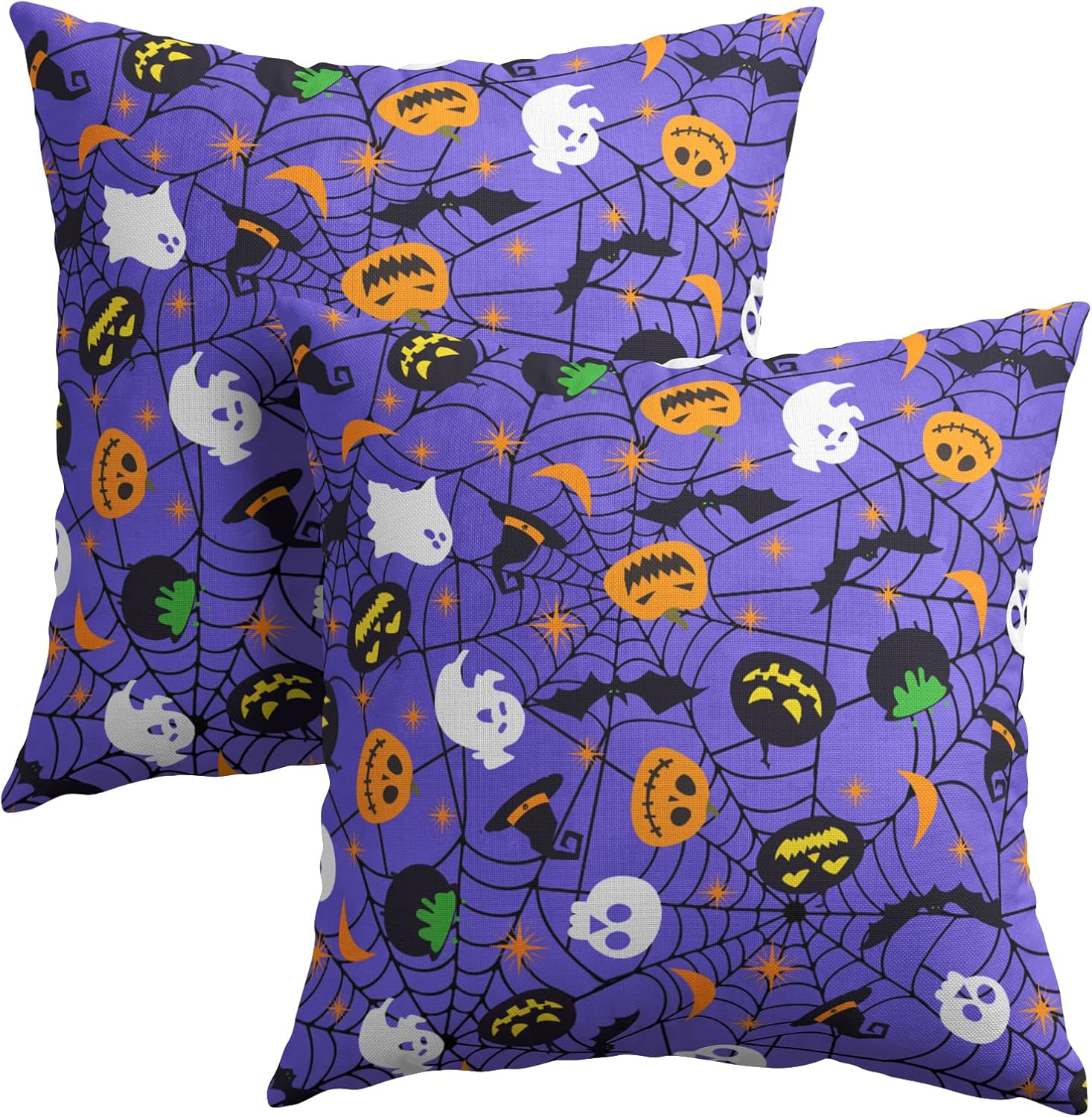 Halloween Purple Throw Pillow Covers 24x24 inch Set of 2 Humour Pumpkins Ghost Skeleton Bat Web Decorative Pillowcase Holiday Cotton…