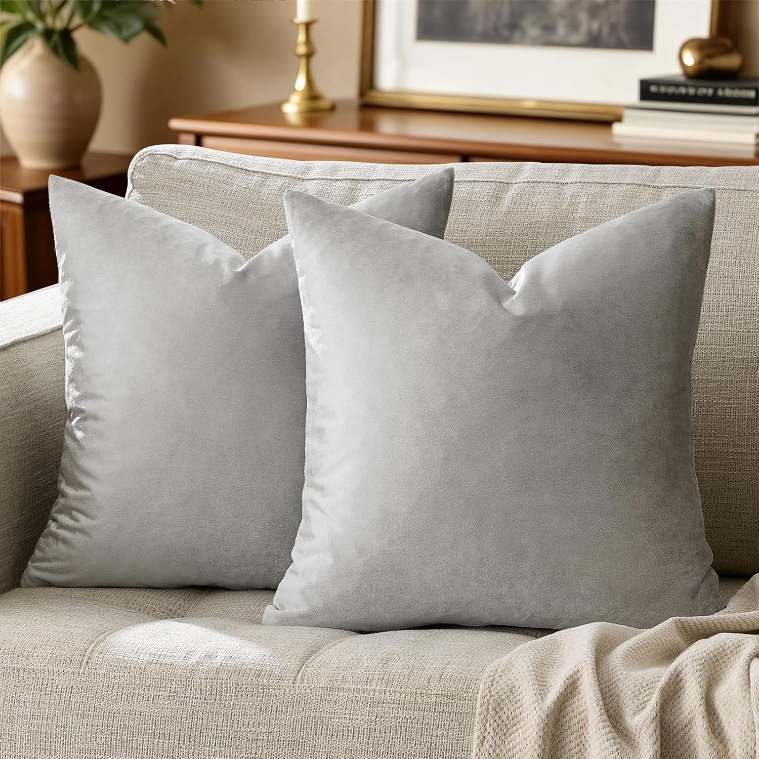 GIGIZAZAFocusingonhomedecoration GIGIZAZA 16x16 Square Velvet Small Pillow Covers Set of 2 Silver Grey Throw Pillow Covers Modern Decorativ…