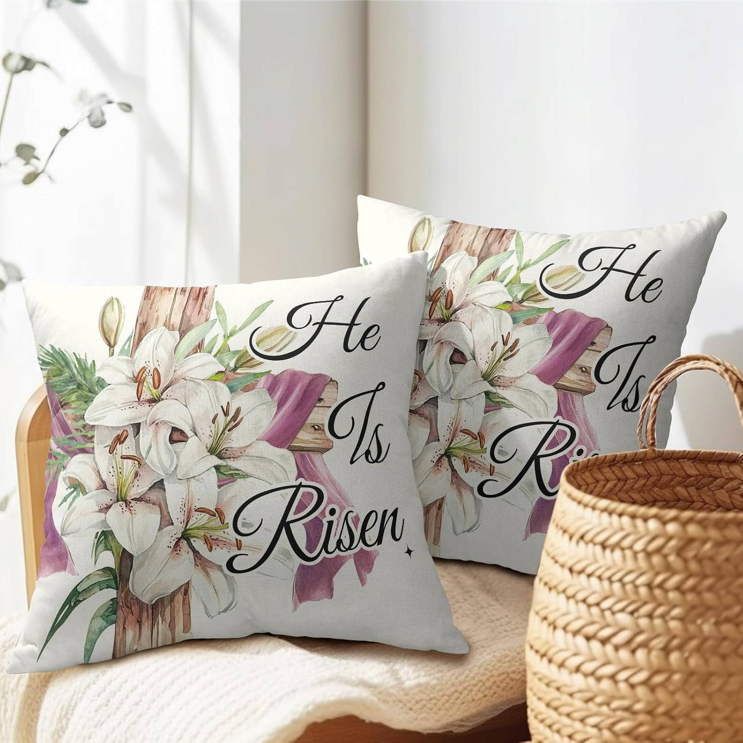Easter Throw Pillow Covers 18x18 Inch Set of 2 He is Risen Cushion Case Spring Lily Flower Cotton Linen Square Pillowcases Happy Easter…