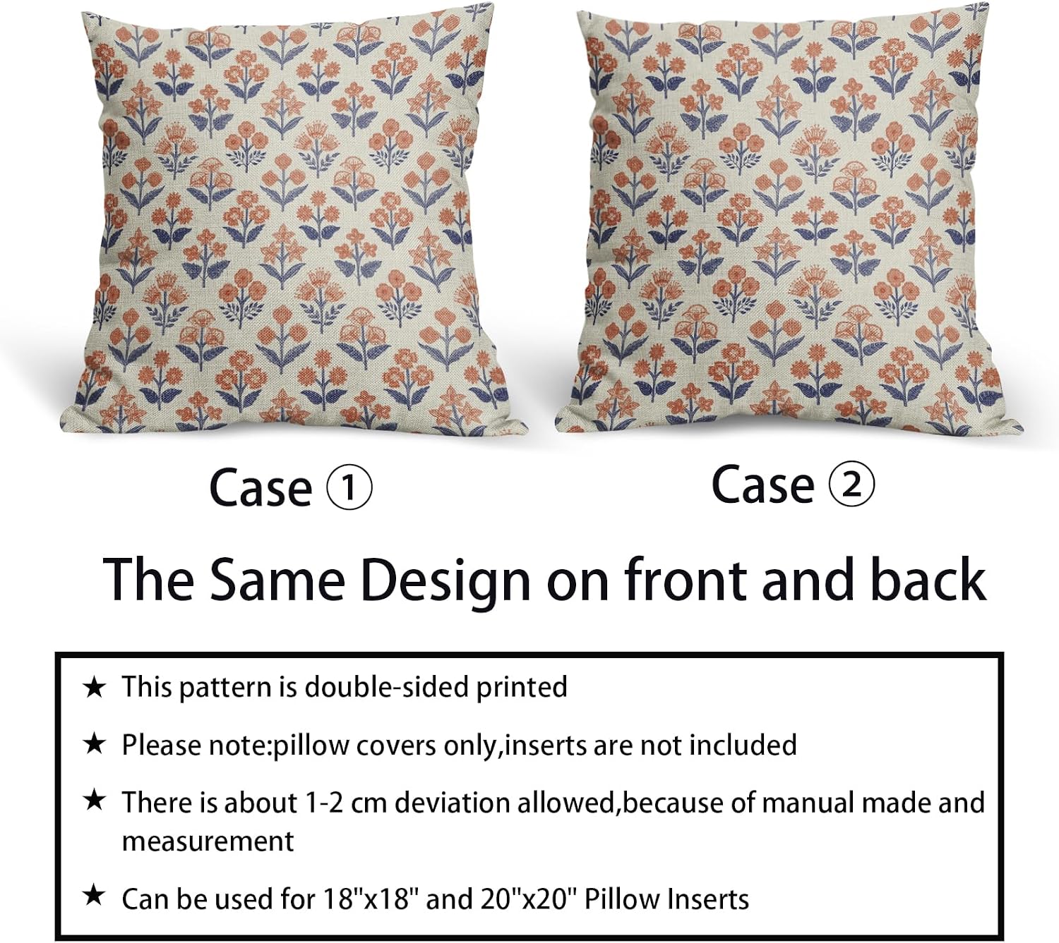 Navy Blue Orange Floral Block Print Pillow Covers 16x16 Inch Set of 2, Fall Vintage Flower Pattern Decorative Throw Pillowcases Outdoor…