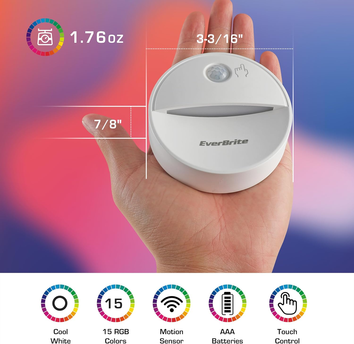 EverBrite LED Motion Sensor Night Light, Dimmable Night Lights with 15 RGB Colors, Cool White Motion Activated LED Night Light for…