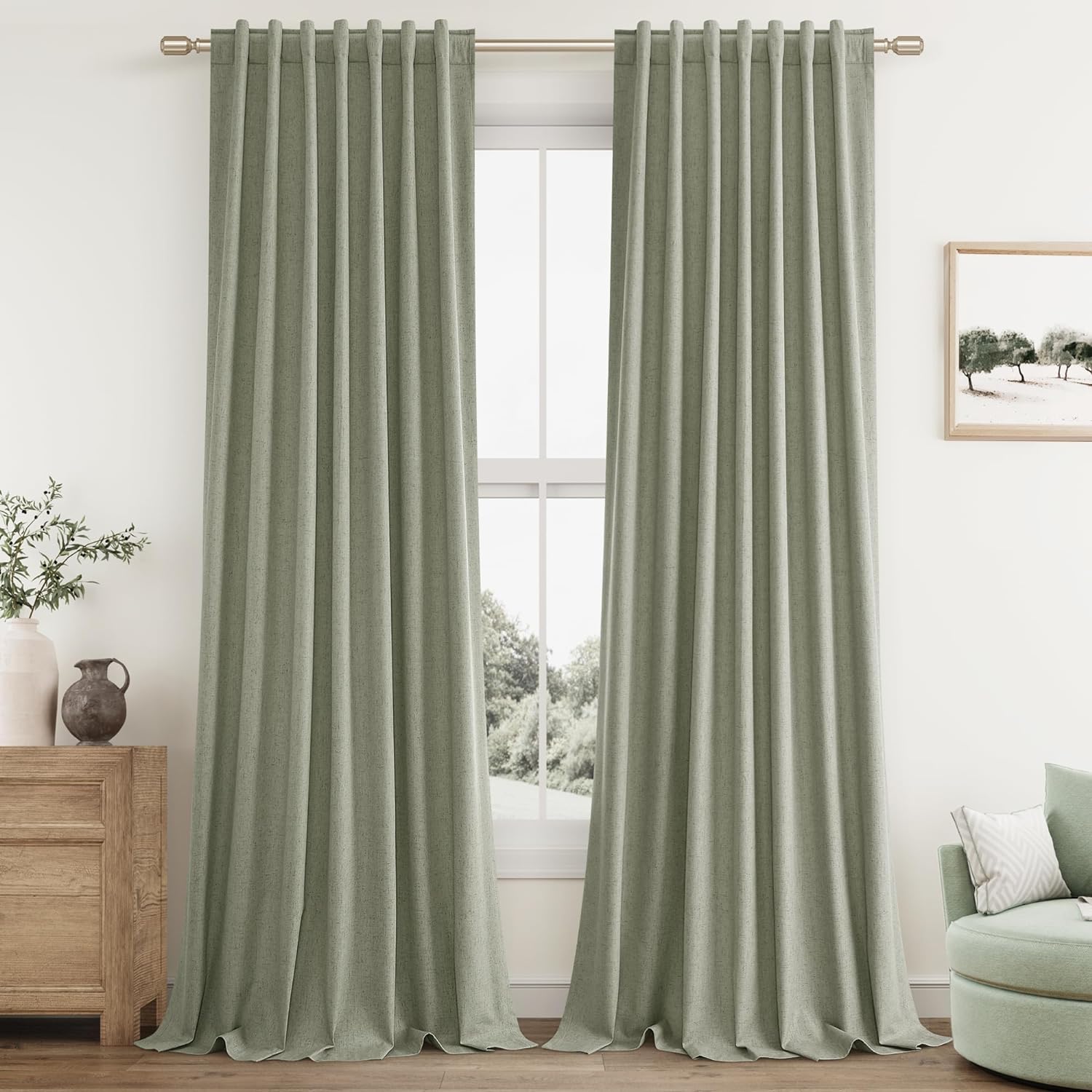 Guken Sage Green 100% Blackout Linen Curtains 108 Inch Length 2 Panels Set for Living Room Bedroom Back Tab Rod Pocket Thermal Insulated Bl…