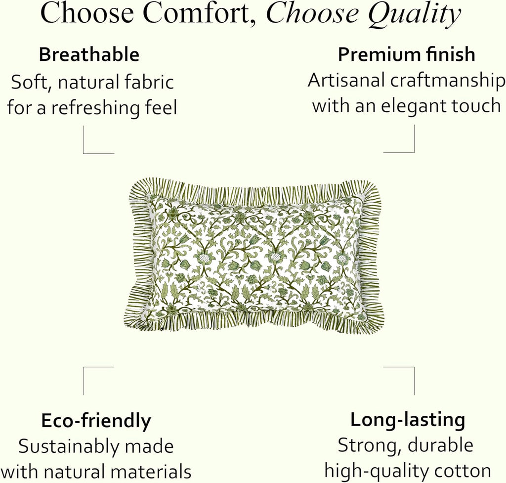 Cottonprintclub CPC Hand Block Print Meadow Vine Ruffle Sham Pillow Cover 20" x 12" inch Hidden Zipper Decorative Pillowcase for Couch, Bed…