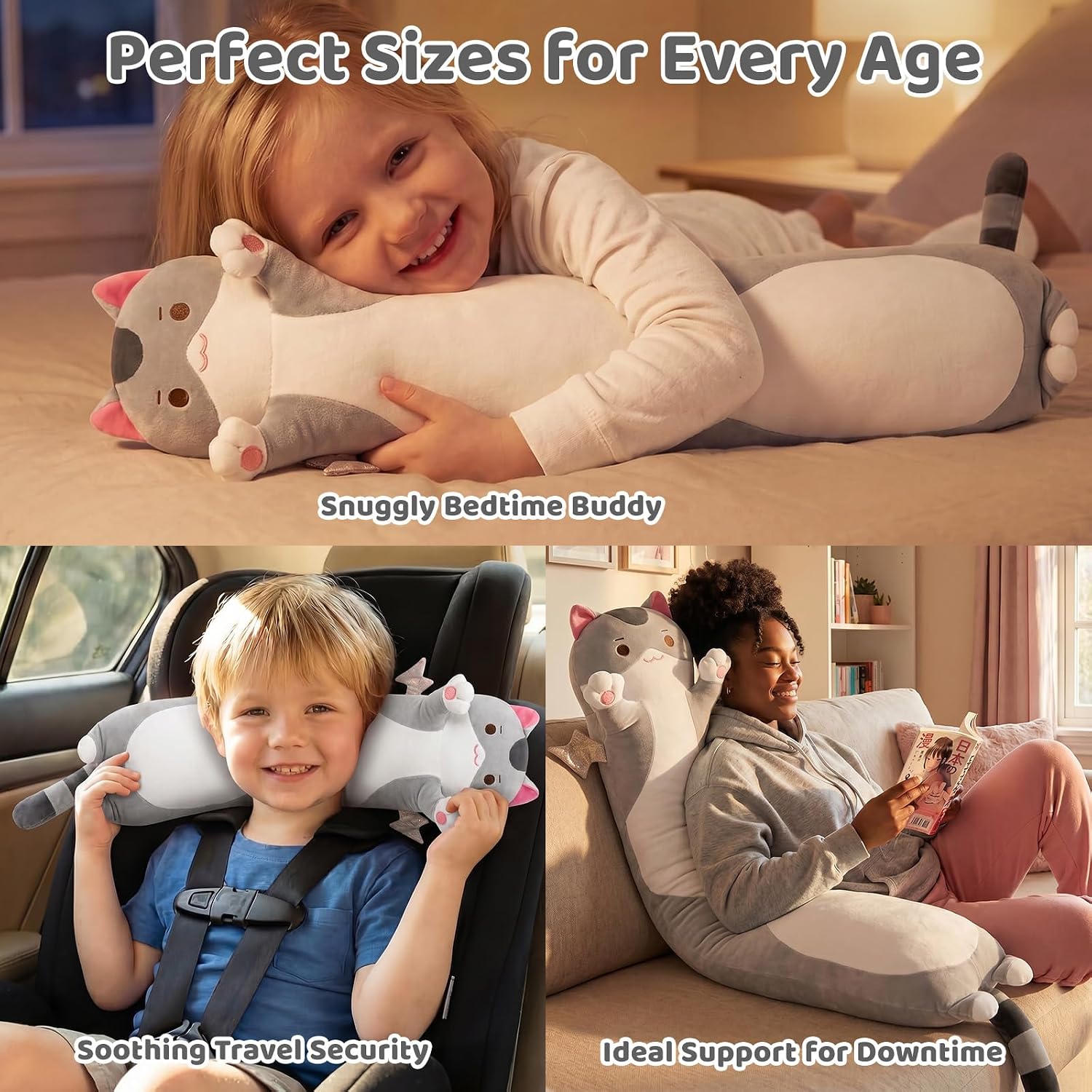 Mewaii Long Cat Plush 5 Sizes, 120% Extra Filling Giant Plushness Kids Body Pillow, Kawaii Cute Grey Cat Stuffed Animals Plushies, Big Long…