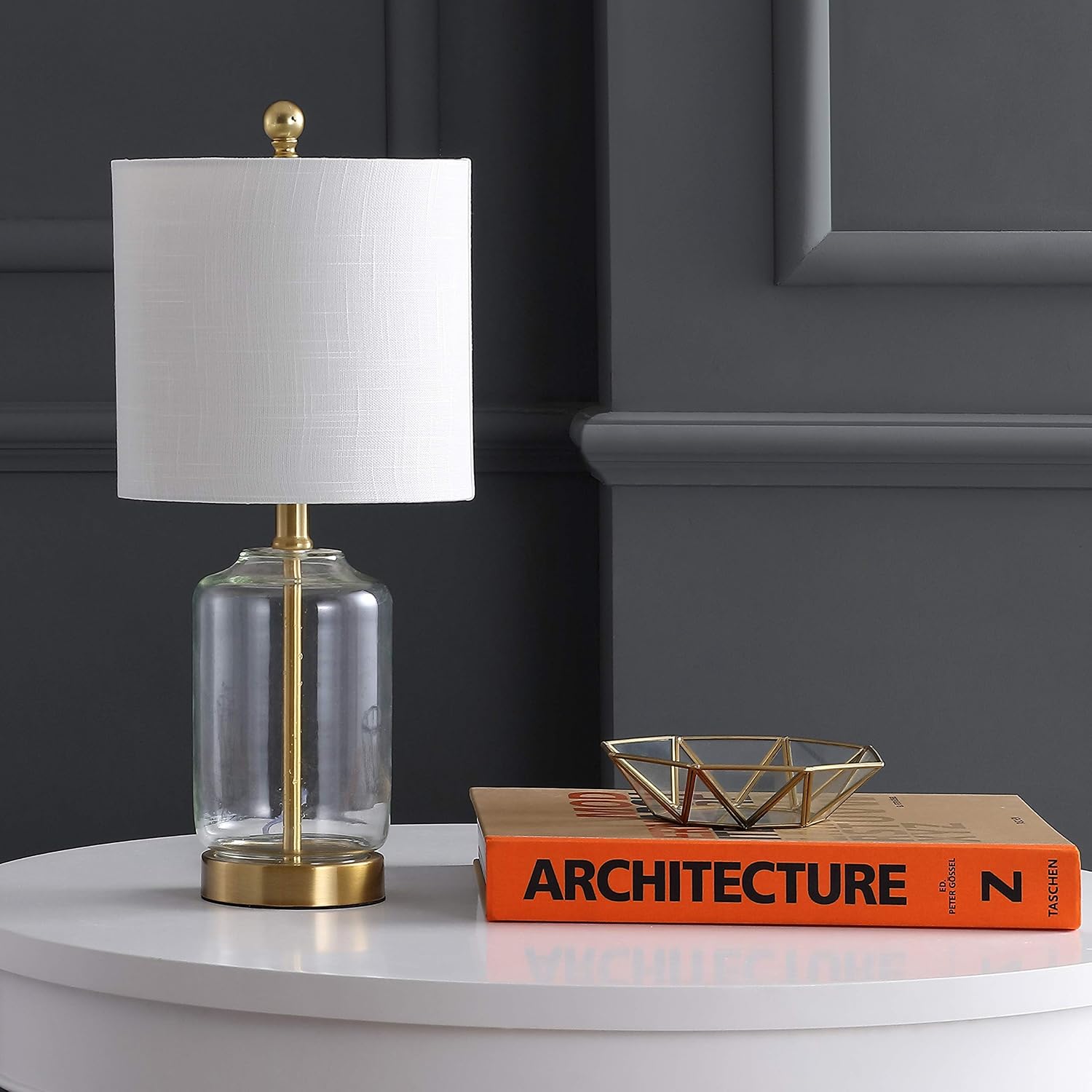 JONATHAN Y 19.5" Brass Gold and Clear Glass Table Lamp, Glam Transitional Bedside Lamp for Living Room Nightstand, White Linen Drum…