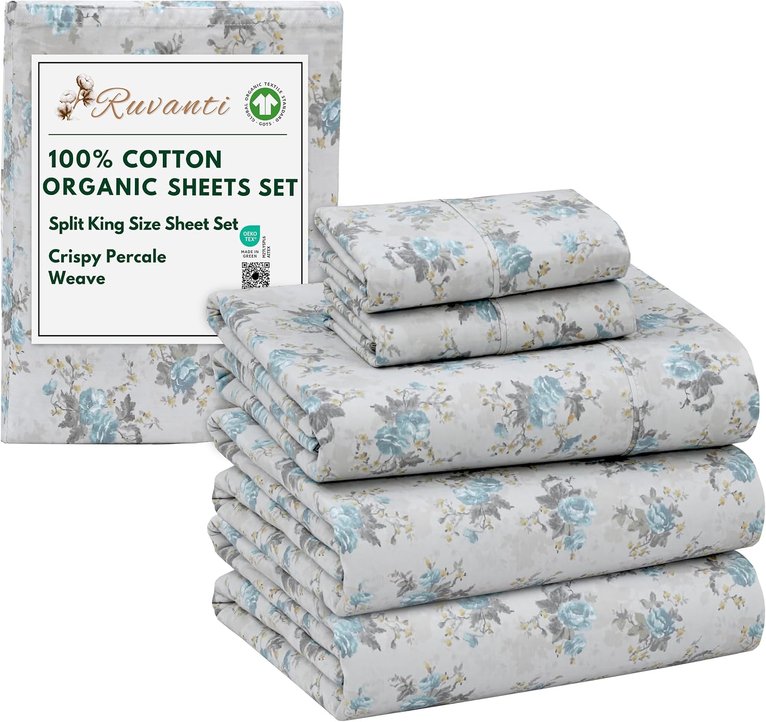 Ruvanti 100% Cotton Organic Percale Sheets Split King Size – Crisp Cooling Bed Sheets for Hot Sleepers, Deep Pocket 15”, Soft Peach Finish,…