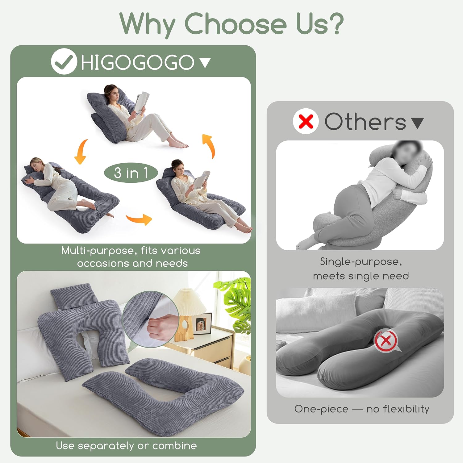 Higogogo Reading Pillow, Back Pillow for Sitting in Bed and Couch, Gaming Pillow for Adults, Sit Up Support for Bed, Dark Grey Grey