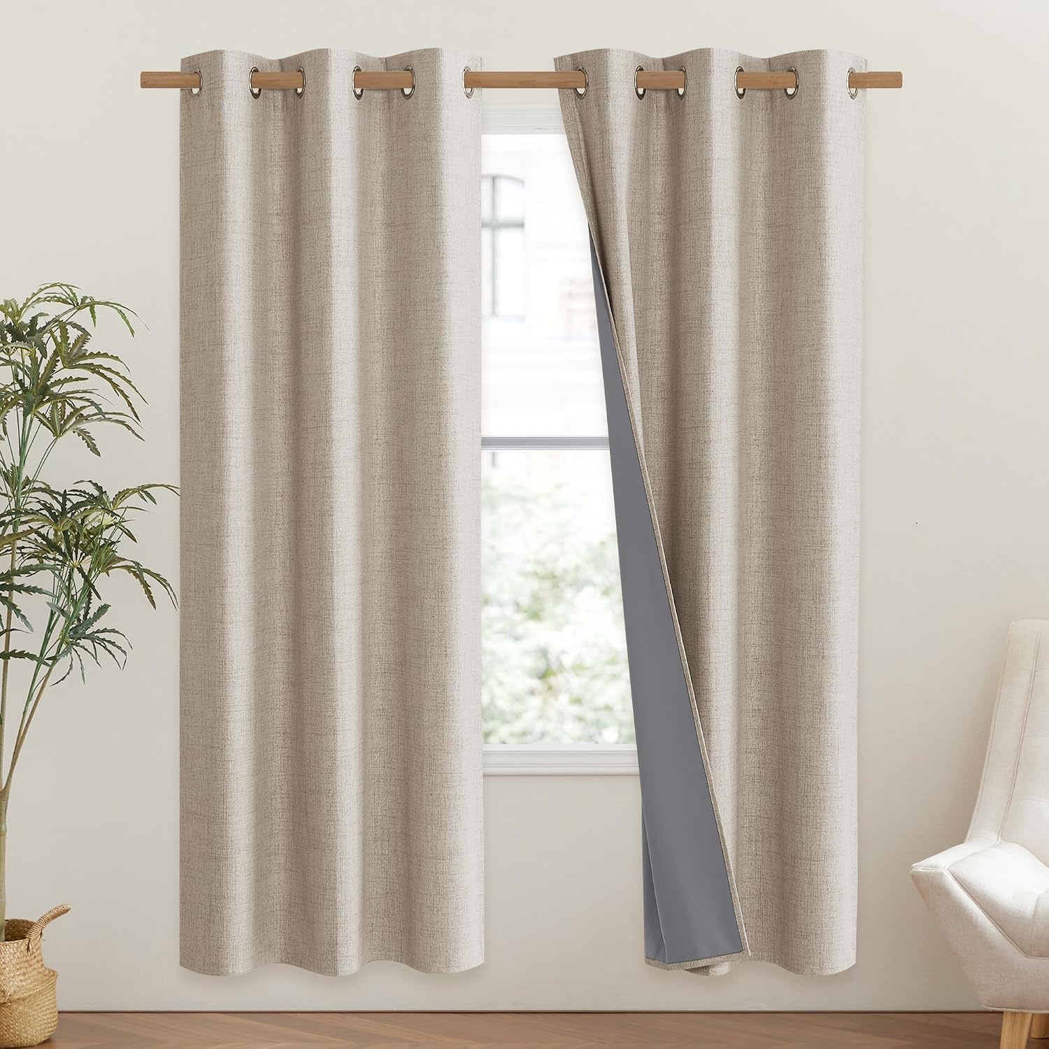 NICETOWN Oatmeal Vintage Open Linen Weave Flax Thermal Curtains, 100% Blackout Curtains 72" Long for Dining Room, Soundproof Window…