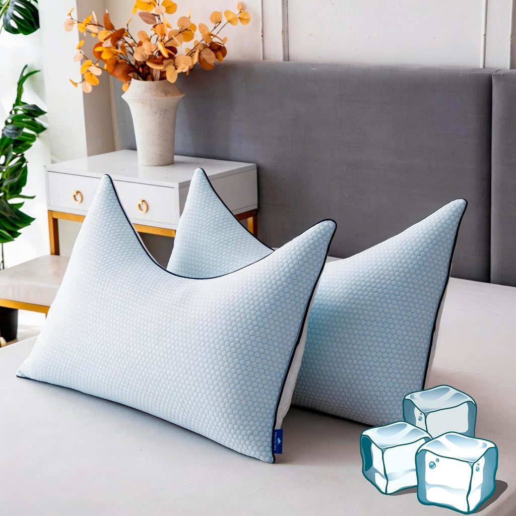 Cooling Pillow Queen Size Set of 2, Shredded Memory Foam Adjustable Loft, Slow Rebound Cervical Pillow for Neck Pain, Ice Silk &…