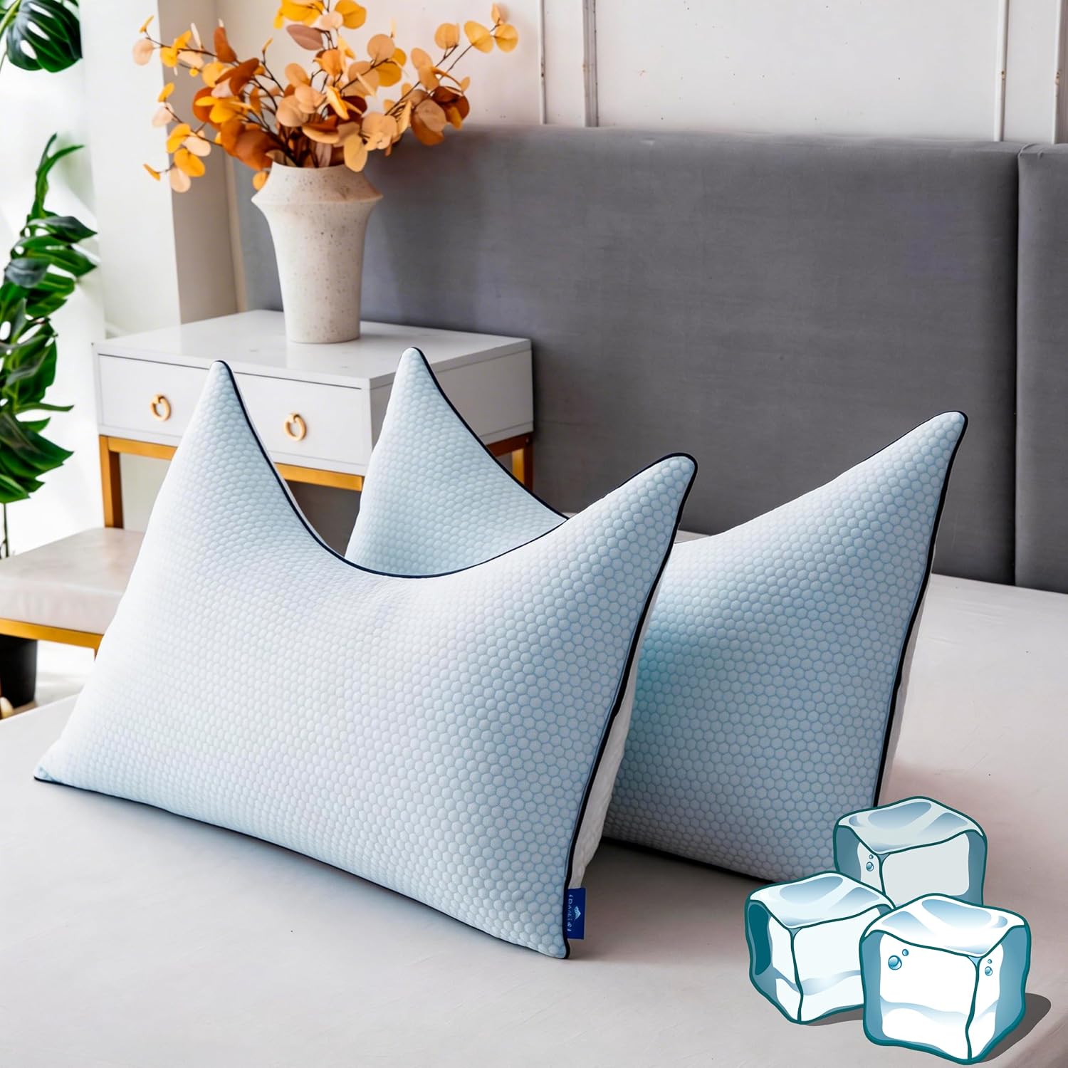 Popfavor Cooling Pillow King Size Set of 2, Shredded Memory Foam Adjustable Loft, Slow Rebound Cervical Pillow for Neck, Ice Silk &…