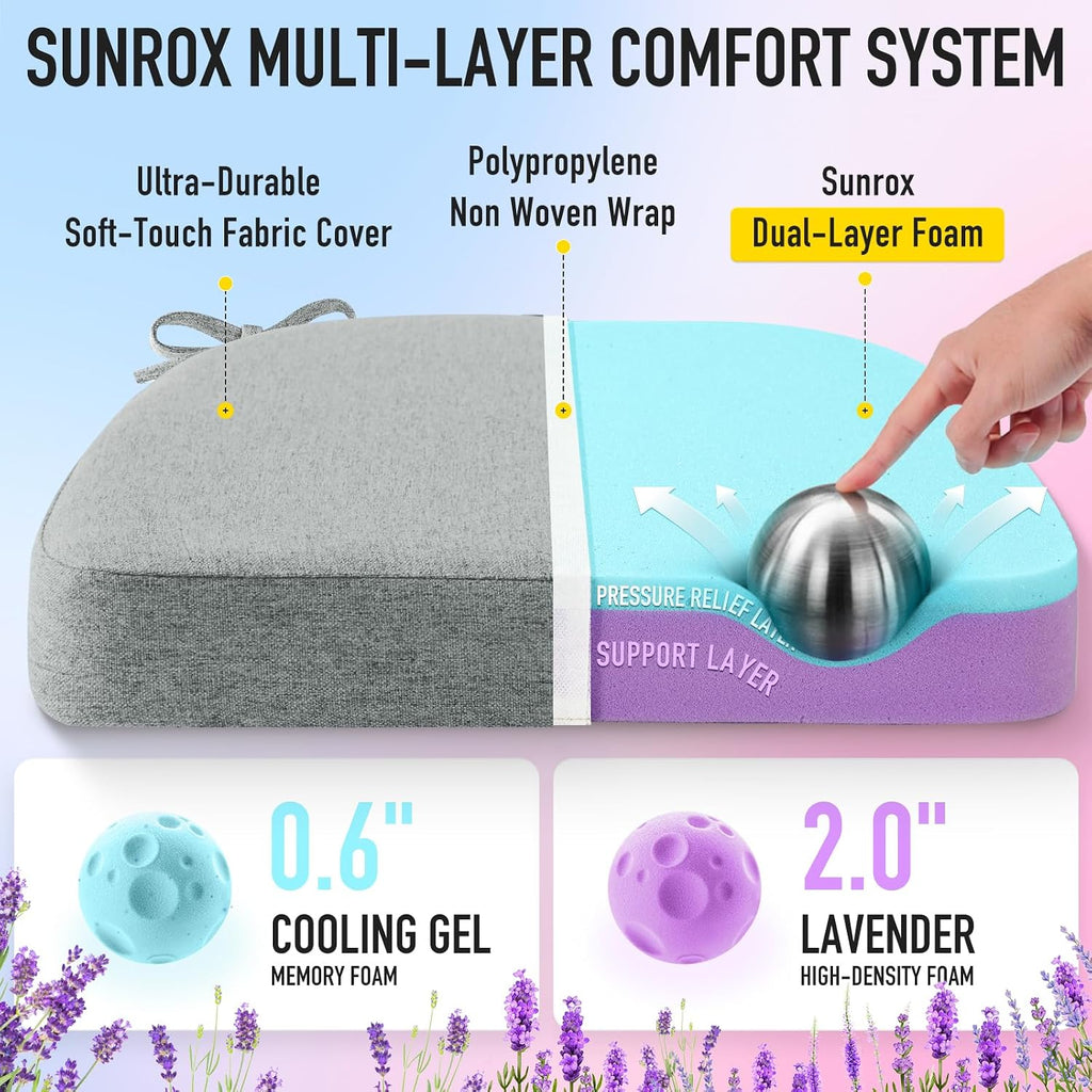 Sunrox Cooling Gel Memory Foam Chair Cushions, 2.6" Thick U-Shaped Dual-Layer Comfort Dining Chair Pads, Non Slip Seat Cushion with Ties fo…