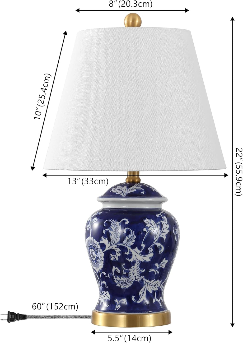JONATHAN Y 22" Navy/White Ceramic Table Lamp, French Country Chinoiserie Ginger Jar LED Bedside Lamp for Living Room Bedroom, White Linen…