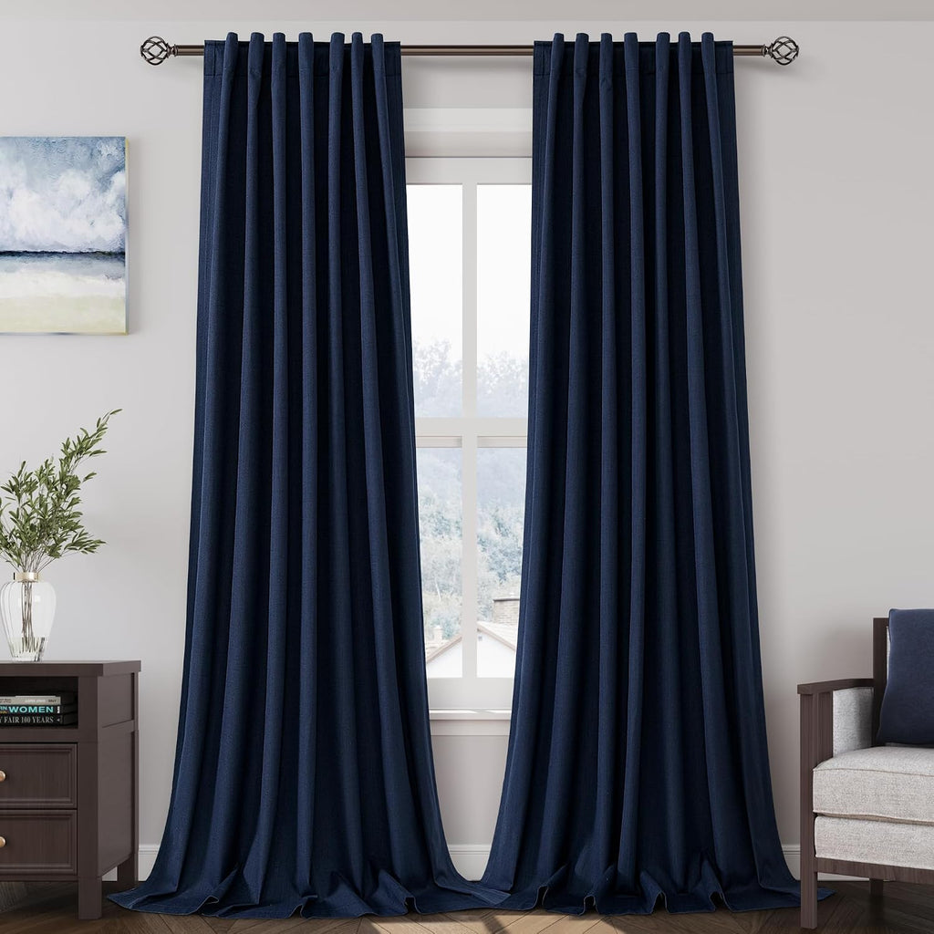Nanspring Navy Blue 100% Blackout Linen Curtains for Bedroom 100 Inches Long Back Tab Thermal Insulated Modern Luxury Nautical Decor Black…