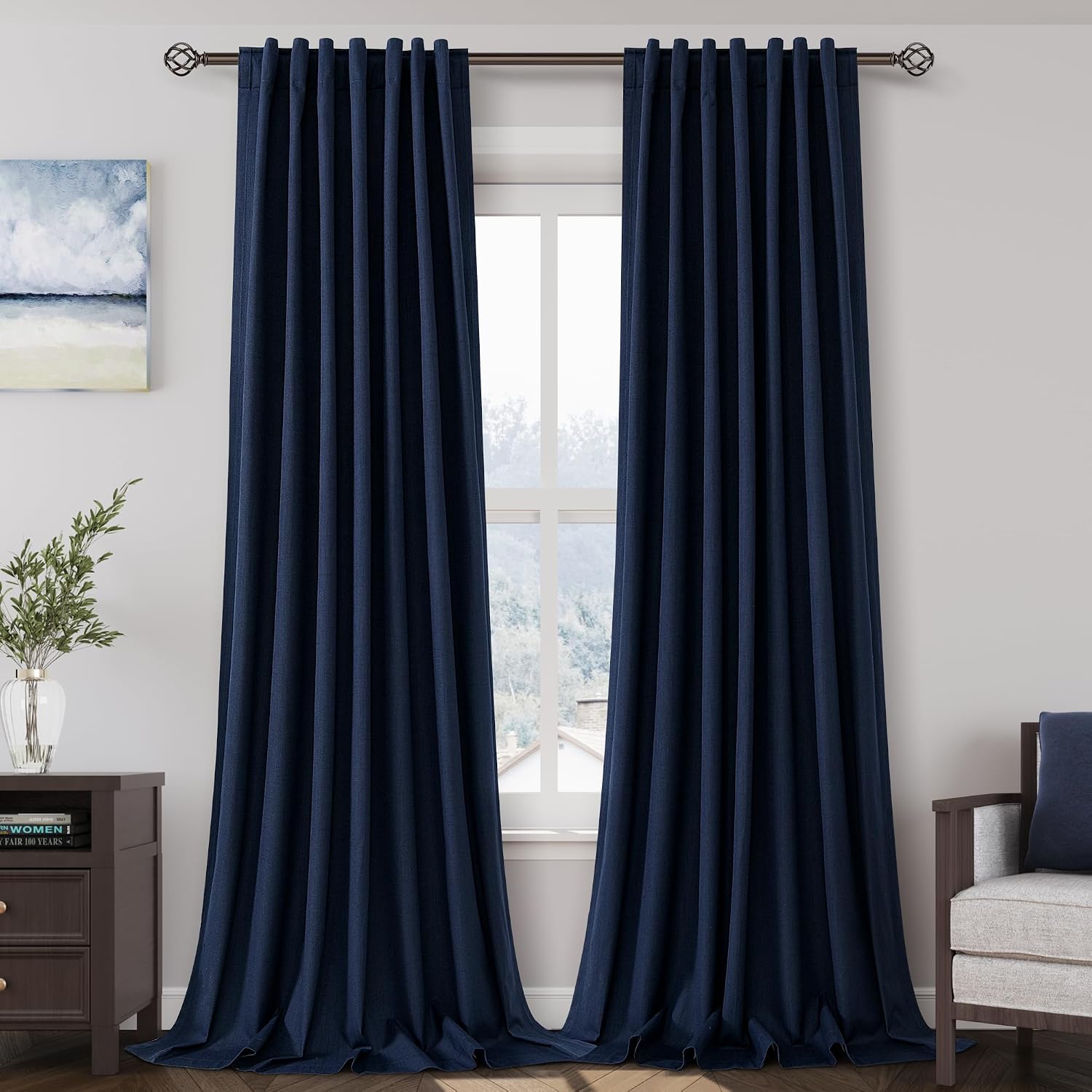 Nanspring Navy Blue 100% Blackout Linen Curtains 96 Inches Long for Bedroom Back Tab Thermal Insulated Modern Luxury Nautical Decor Black O…
