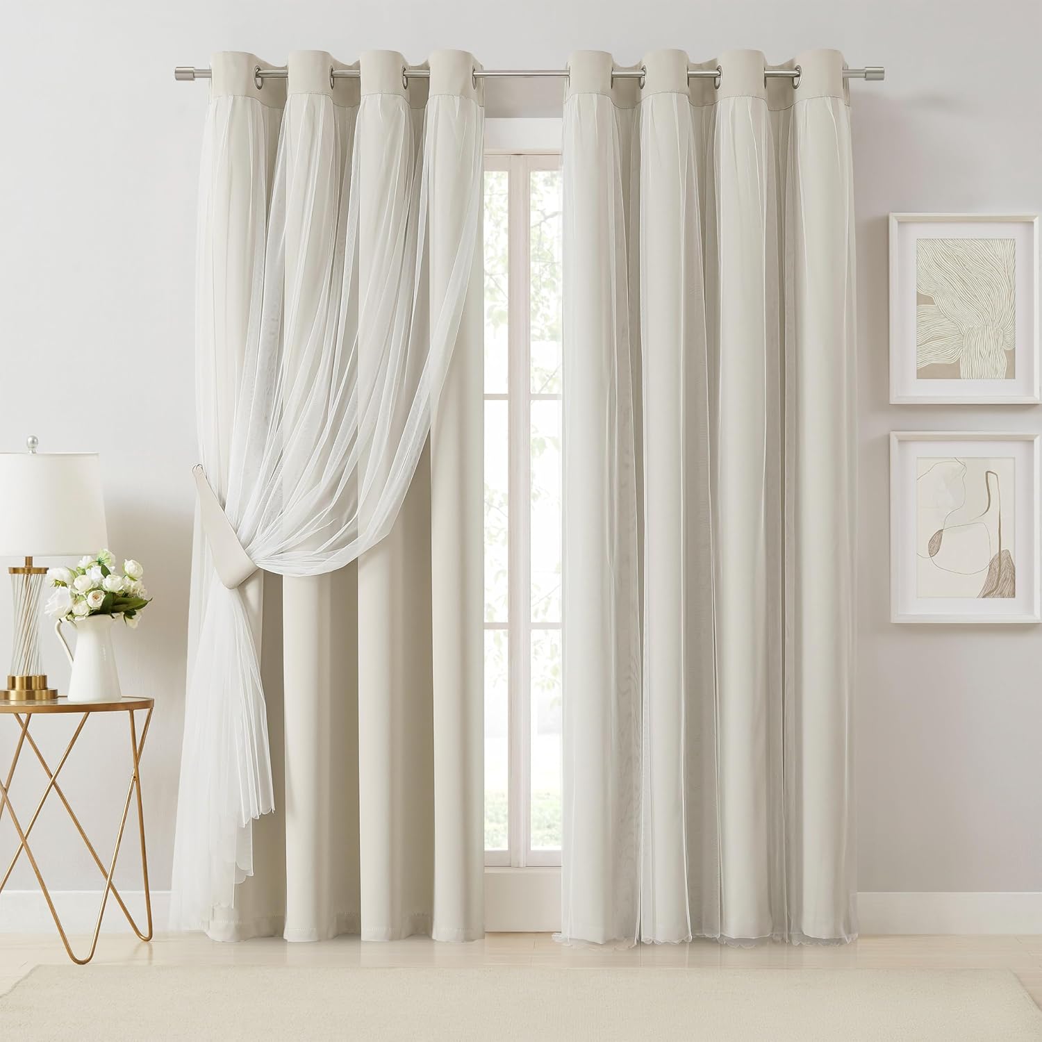 Bujasso Beige 80% Blackout Curtains with Sheer Overlay Mix and Match Double Layer Thermal Insulated Window Panels 95 inch for Living Room B…