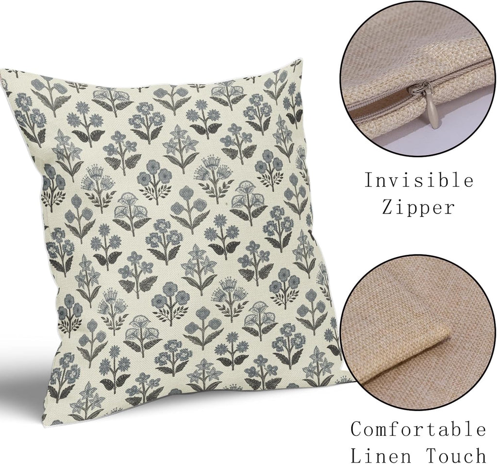 Black Dusty Blue Floral Pillow Covers 18x18 Inch Set of 2, Vintage Flower Block Print Pattern Decorative Throw Pillowcases Outdoor…