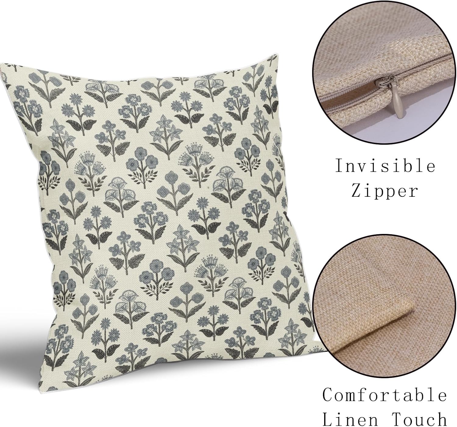 Black Dusty Blue Floral Pillow Covers 20x20 Inch Set of 2, Vintage Flower Block Print Pattern Decorative Throw Pillowcases Outdoor…